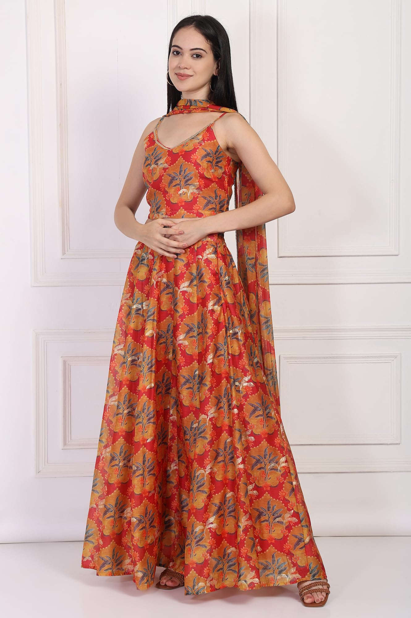W for Woman Floral Printed Crepe Crop Top with Skirt and Dupatta Set (WS13899)