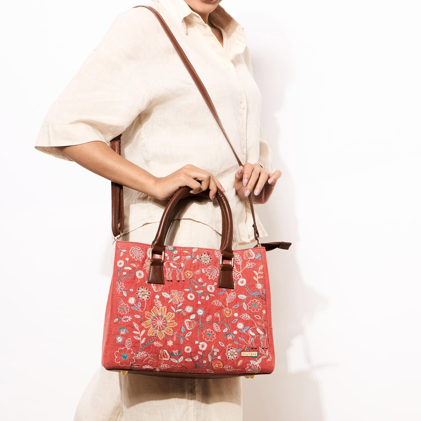 Chumbak Marrakesh Tote Bag, 7.8L, Red, Corduroy Outer with Polyester Lining, Everyday Handbag with Kashmiri Motif, Kashmir Trails Collection