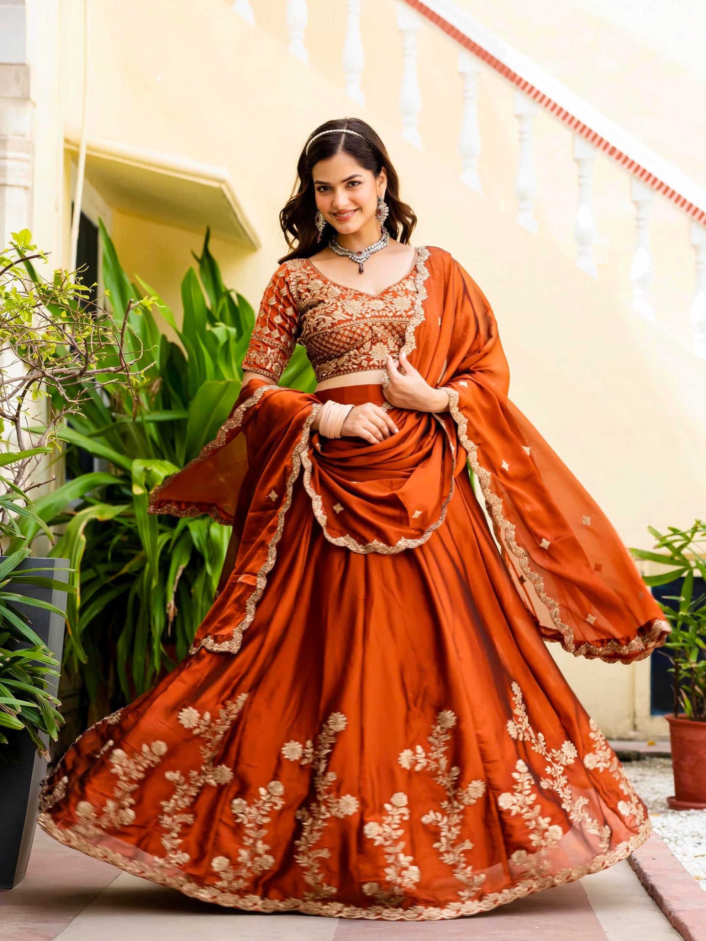 JIHU CULTURE Orange Silk Zari Sequence Embroidery Work Semi Sttiched Lehenga Choli For Women's.