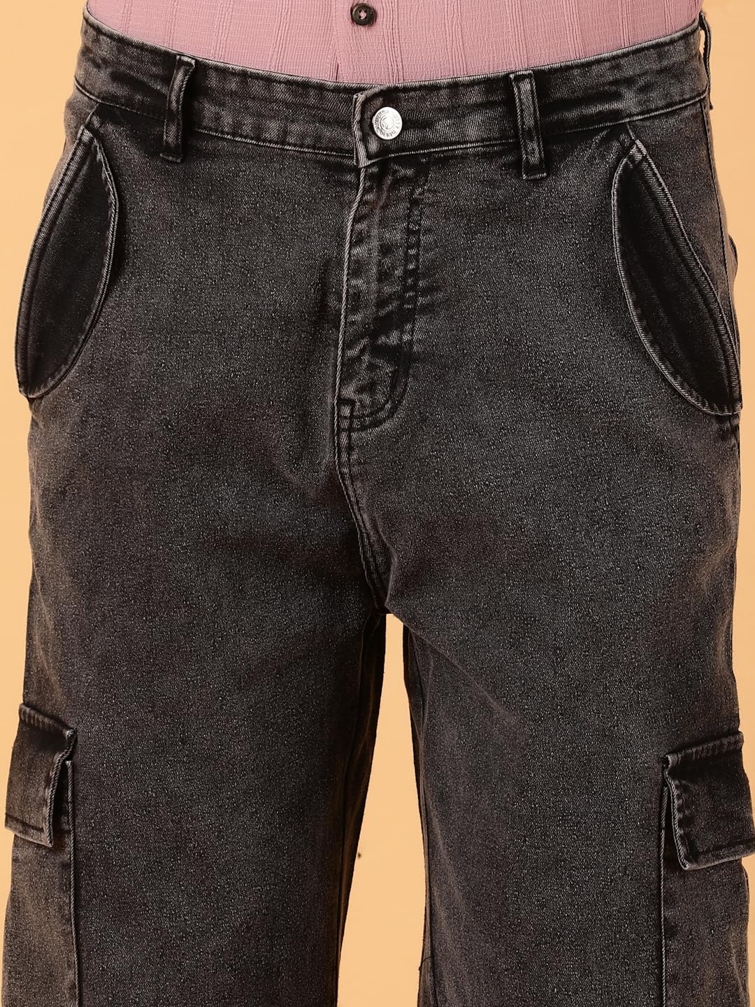 KOTTY Men's Solid Straight Fit Comfortable Cargo Jeans(Grey,32)