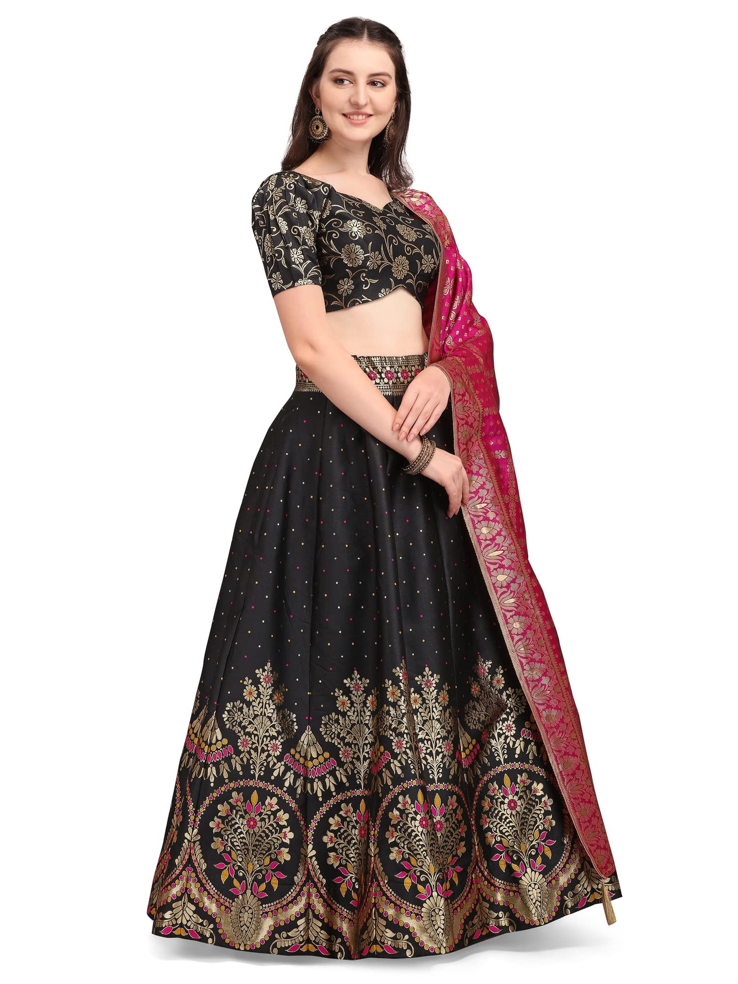 PURVAJA Women's Jacquard Semi-Stitched Lehenga choli (Arambh-Black_Black_Free Size)