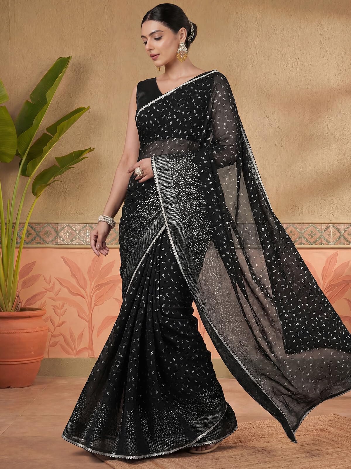 SIRIL Women's Georgette Gota Lace Foil Printed Saree with Unstitched Blouse Piece (4647S438A_Black)