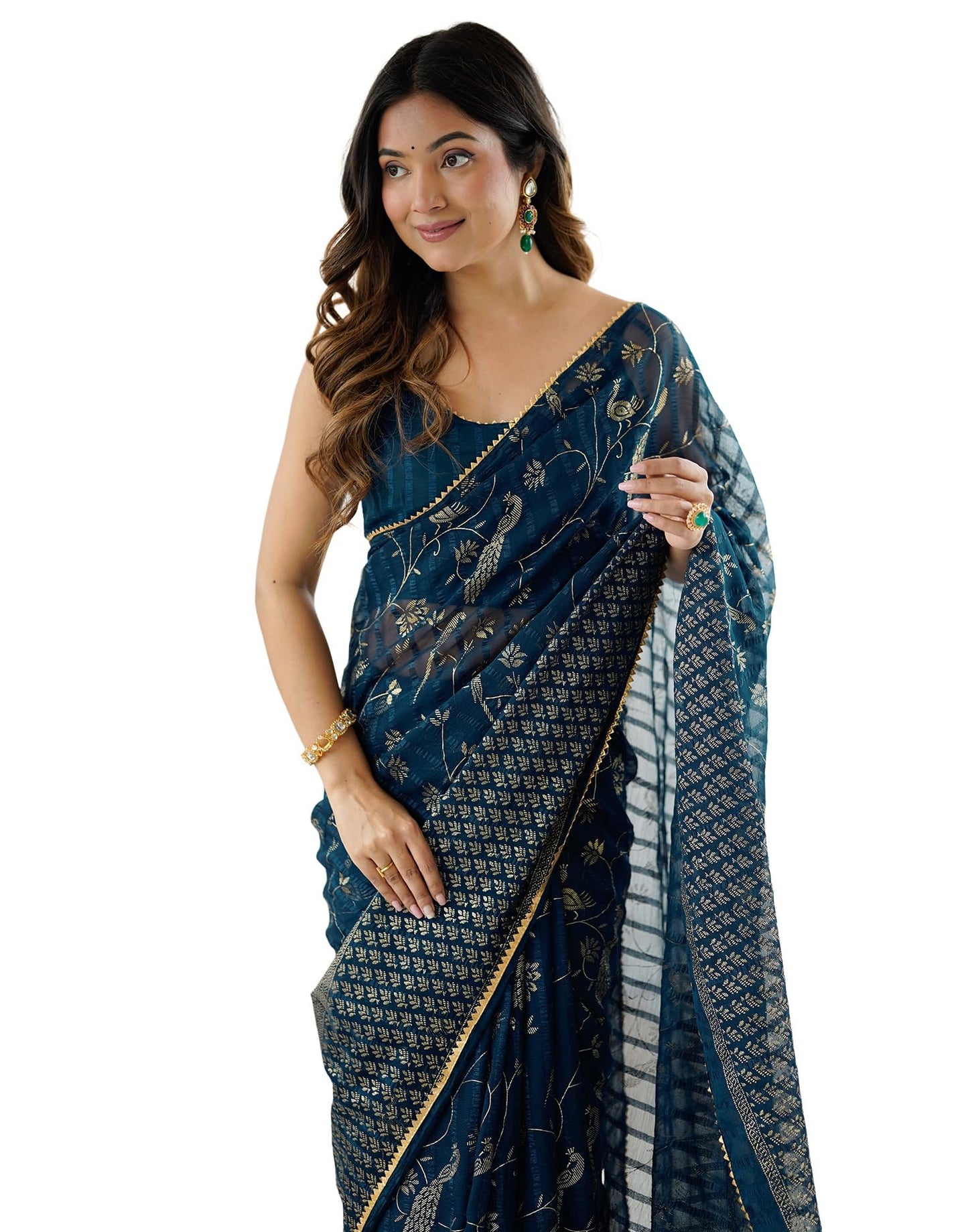 SIRIL Women's Georgette Foil with Floral Print & Weaving Saree with Unstitched blouse (4742S822_Blue)