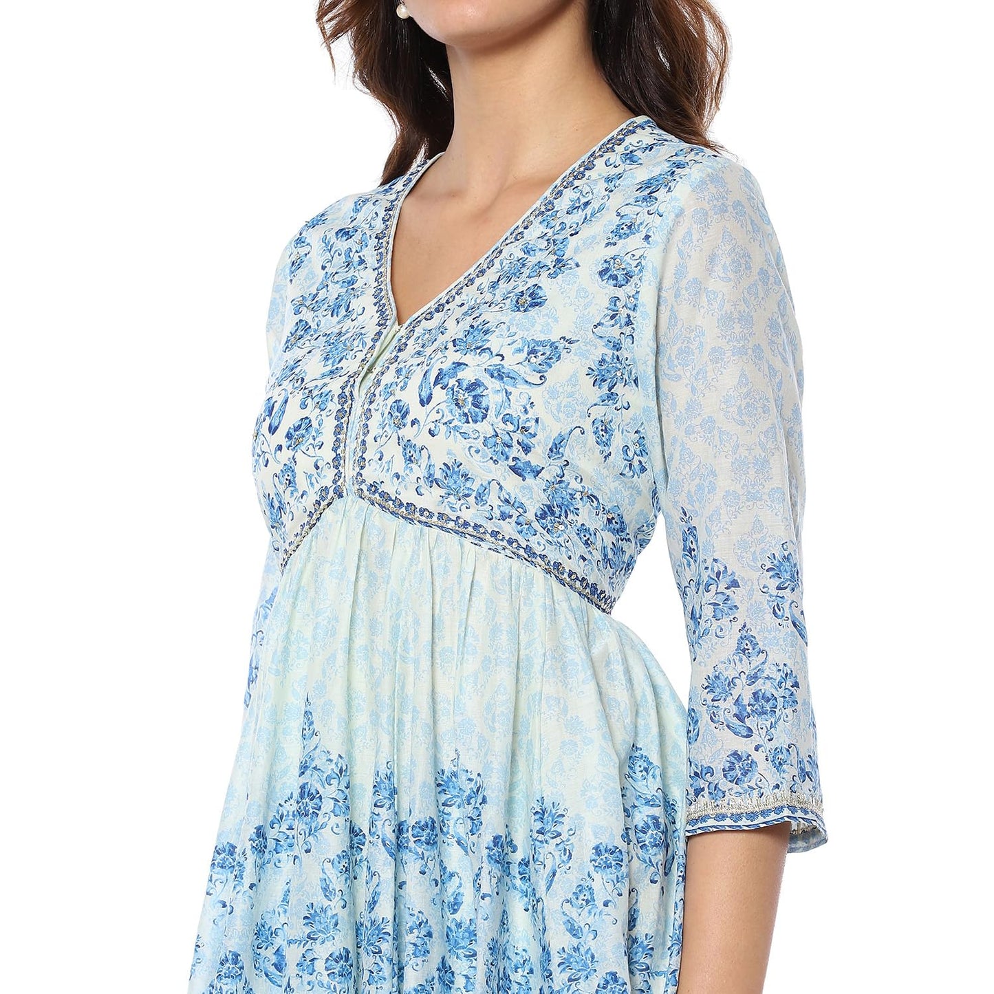 BIBA Women's Cotton Kurta Sets (SKDAMBER9533AW24AQU_Aqua Blue