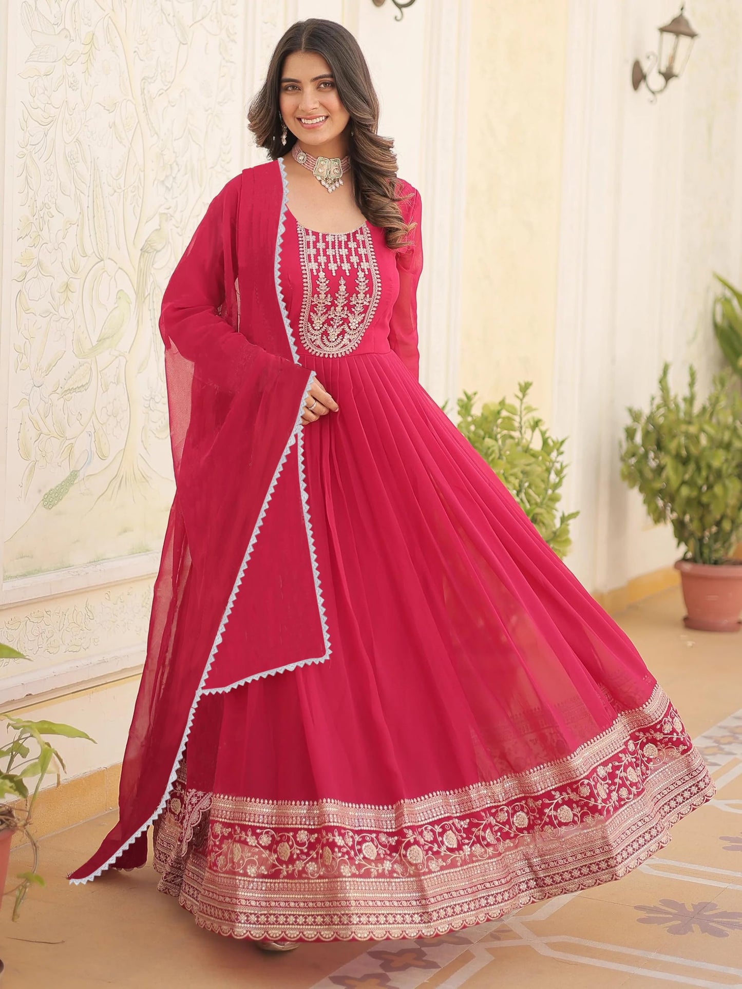 Leeli Peeri Designer Women's Georgette Embroidery Red Ready to Wear Gown with Dupatta