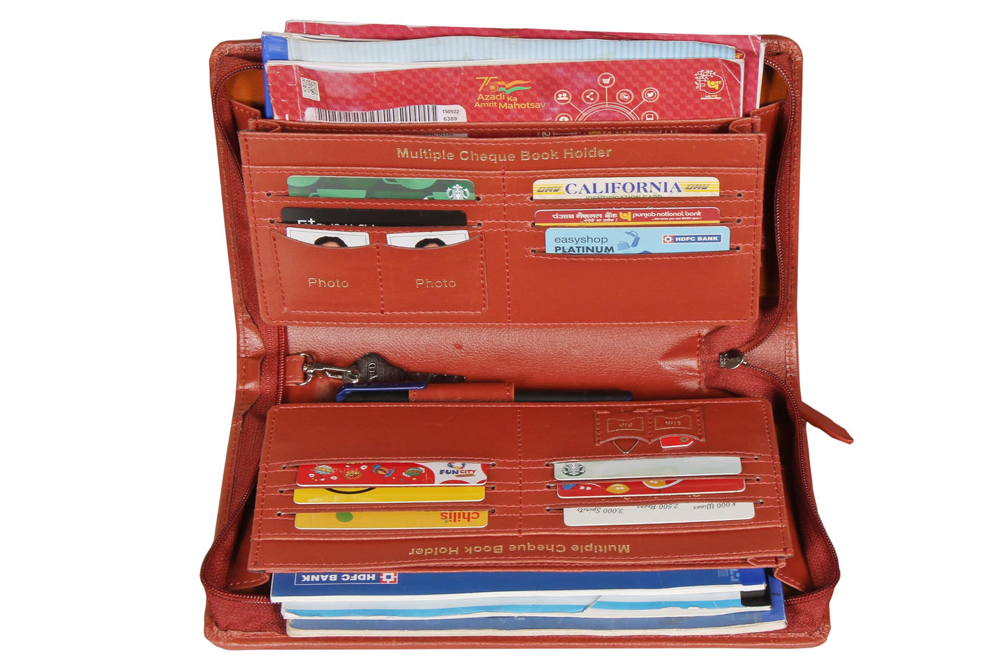 Sukeshcraft Multi Cheque Book Holder – Holds 8 Cheque Books, 13 Cards, Locker Key, Pen & Zipper Pocket (Rexin, Grian-Tan)