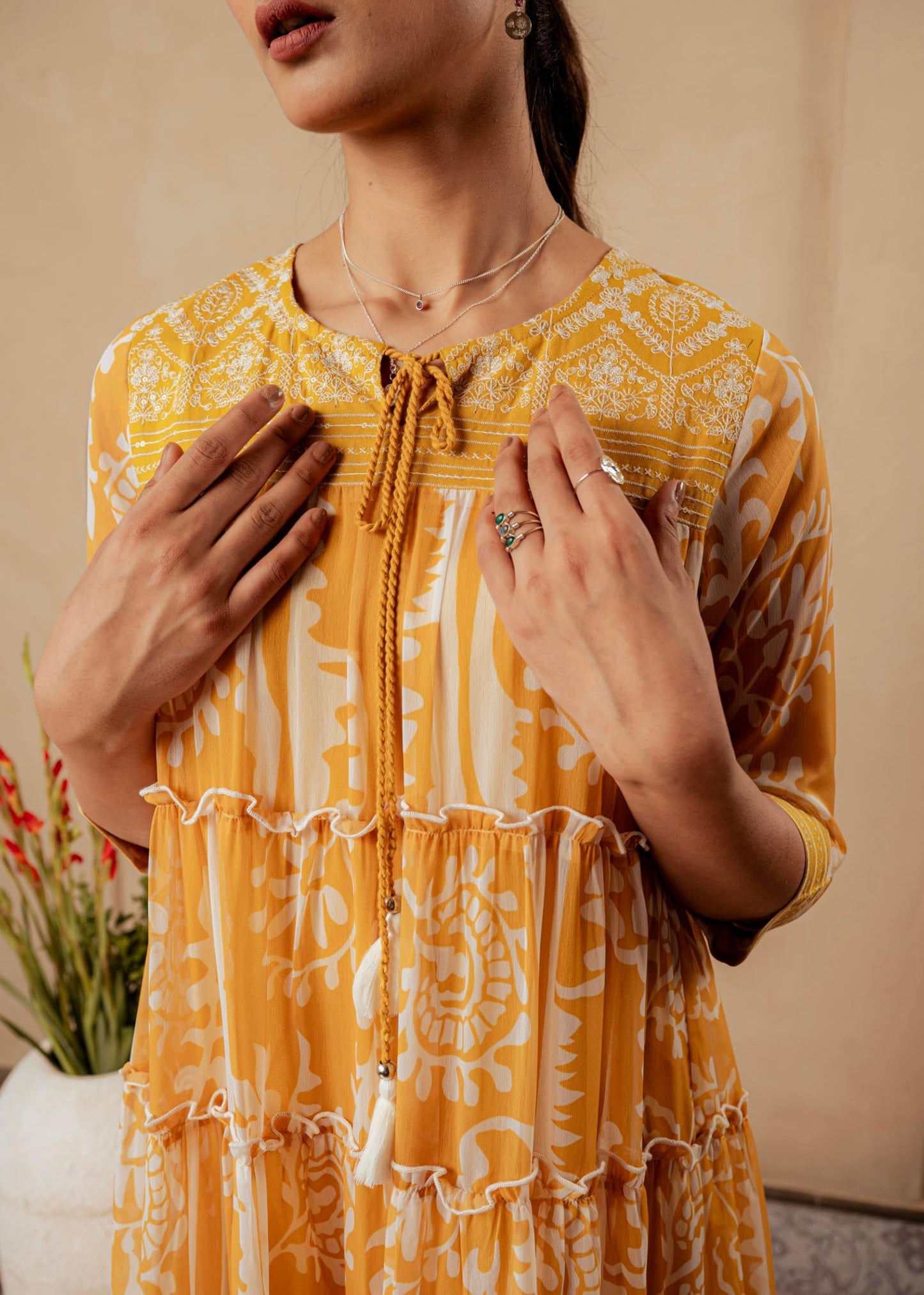 Juniper Mustard Ethnic Motifs Printed Man Made Fiber Tiered Long Dress