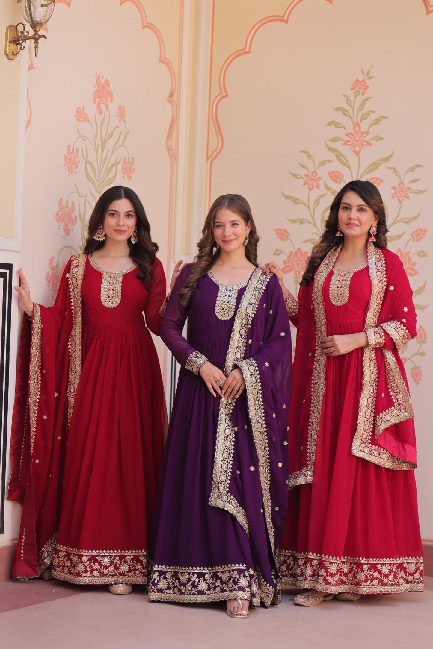 Mehervaa by vinni Red Anarkali Suit Set with Embroidered Dupatta, Long Sleeve Gown Style, Golden Zari Work, Traditional Indian Ethnic Wear (IN, Alpha, 2XL, Regular)