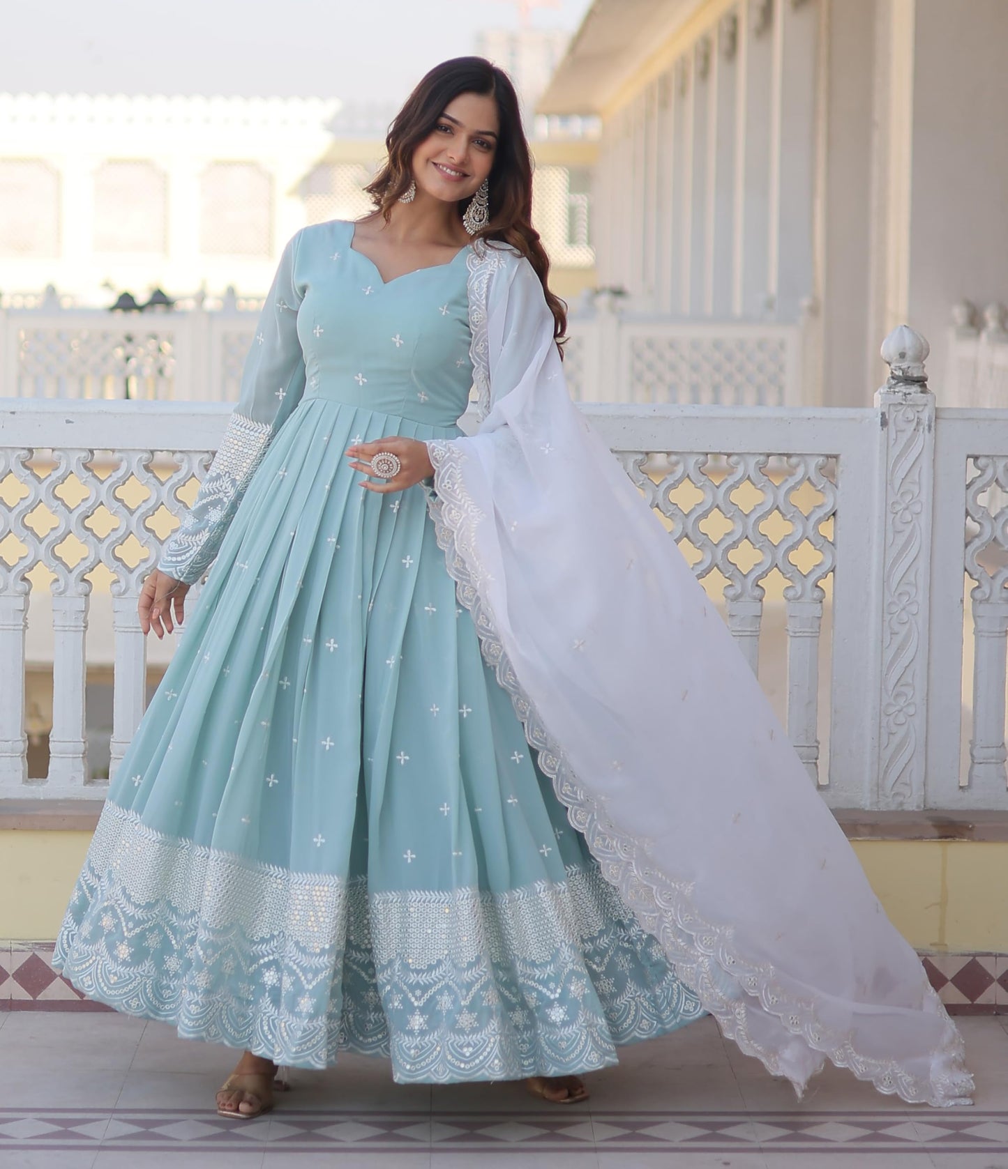 Fashion Basket Blue Women's Faux Georgette Anarkali Gown with Dupatta (Large)