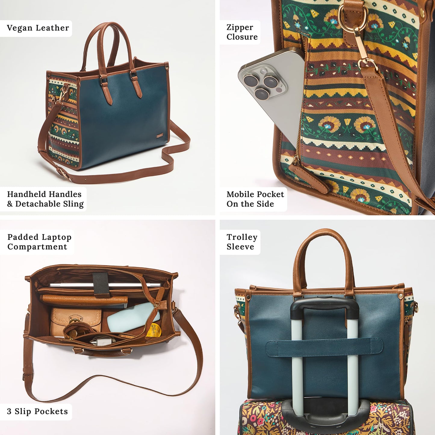 Chumbak Tulum Tote Bag for Women, Navy Floral PU Leather, Digital Nomad Collection, Stylish Travel-Friendly Zipper Tote, Durable and Spacious for Everyday Essentials