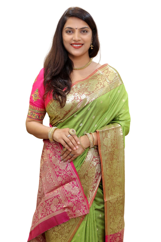 AMIRAT Women's Banarasi Saree Soft new ladies 2024 Design Wear Pattu Sarees Latest Cotton Party Sari collections With Blouse Piece for Wedding sadi (Perrot Green)