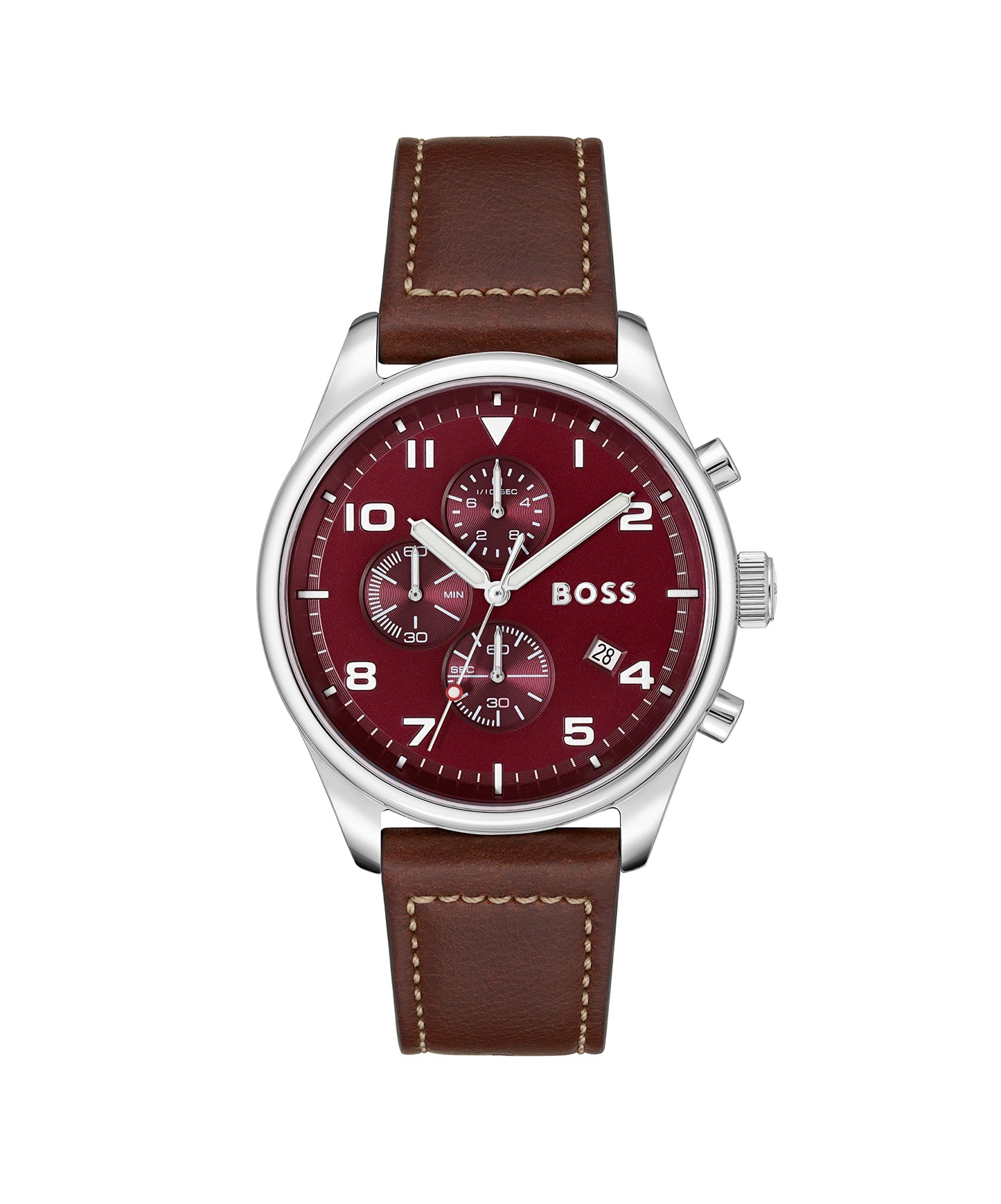 BOSS View Qtz Fashion Chrono Red Round Dial Men's Watch|Brown Leather Material|Brown Color Band - 1513988