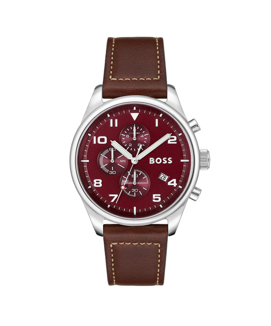 BOSS View Qtz Fashion Chrono Red Round Dial Men's Watch|Brown Leather Material|Brown Color Band - 1513988