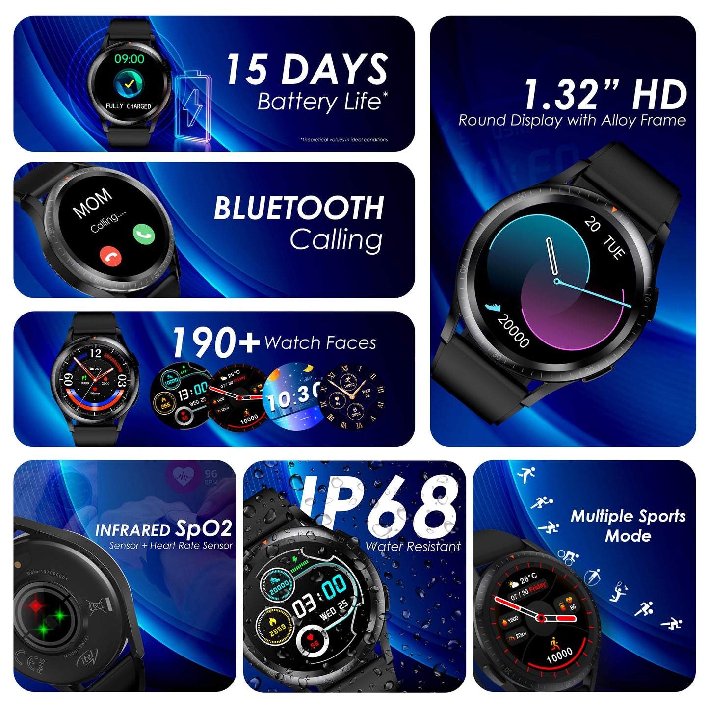 Itel 1GS 1.32" HD IPS Superbright Display Smartwatch with Bluetooth Calling, Metal Alloy Dial, 15 Days Battery Life, IP68 Water Resistant, SpO2 and Heart Rate Monitoring, 190+ Watch Faces (Black)