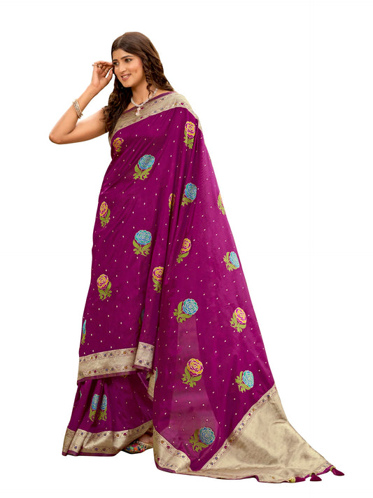MANOHARI Women's Most Trendy Banarasi Satin Silk Woven Magenta Colorful Flower Pattern Saree With Heavy Jacquard Work Saree With Blouse Piece_MN2035