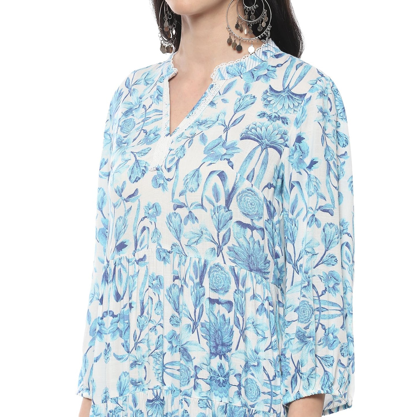 BIBA Women Printed Tired One Piece Dress, Ankle Length Dress Mix and Match(Summer Staples Collection2378_White_34)