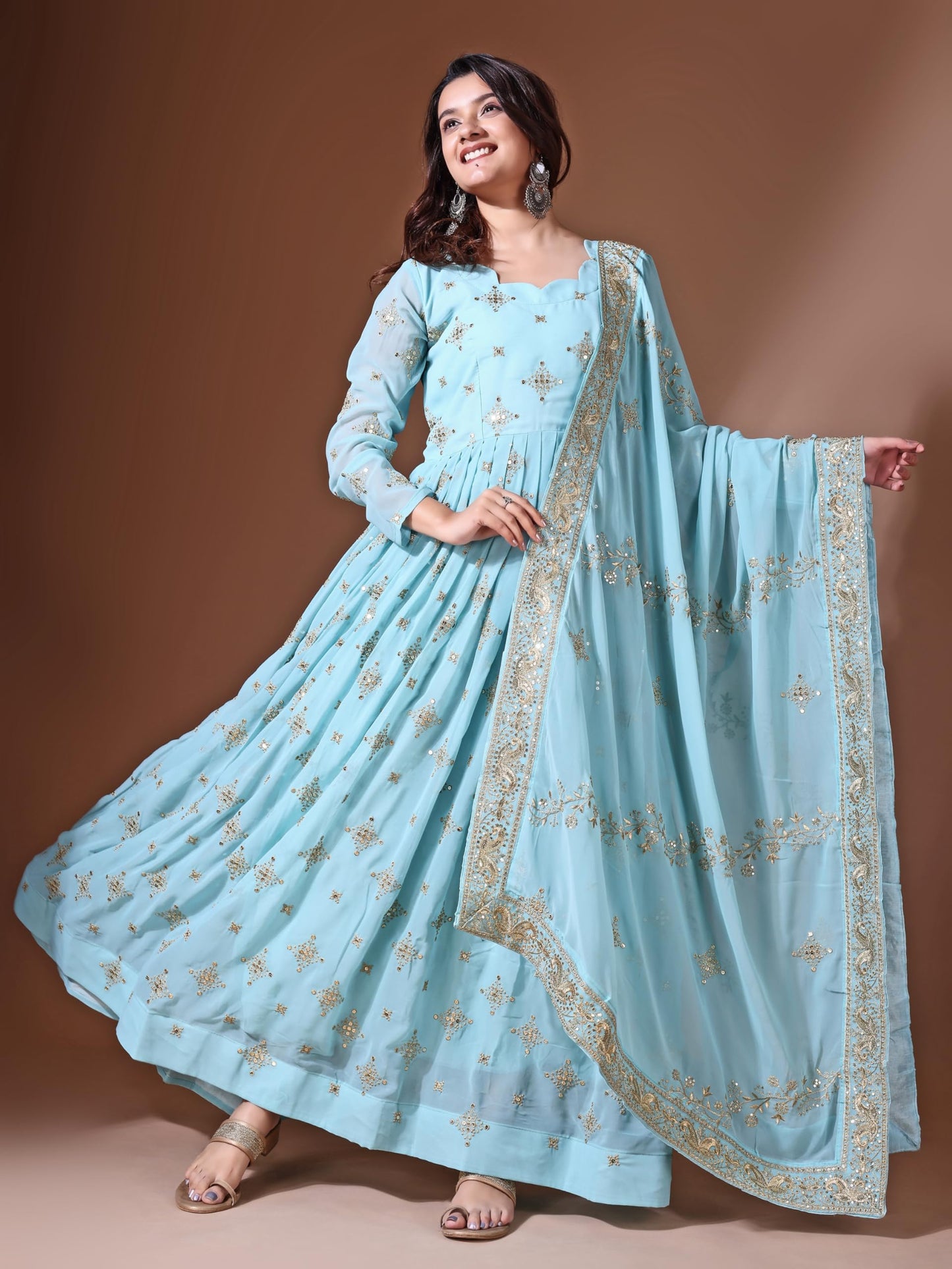 Fashion Basket Georgette Sequins Long Dress for Women (in, Alpha, 2XL, Regular, SKU Blue)