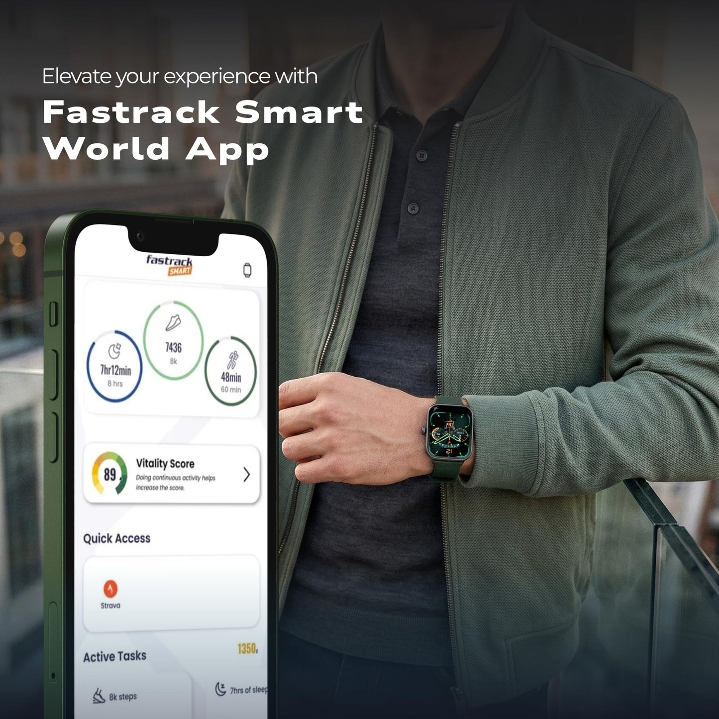 Fastrack Revoltt FS3 Smart Watch with 2.01” TFT Display,Push Button Interactions, HRM, SpO2, Sleep, Multiple Menu Style, Rotary Crown, IP68, BT calling, 24/7 Health Suite, Alarm, Stopwatch- Dark Green