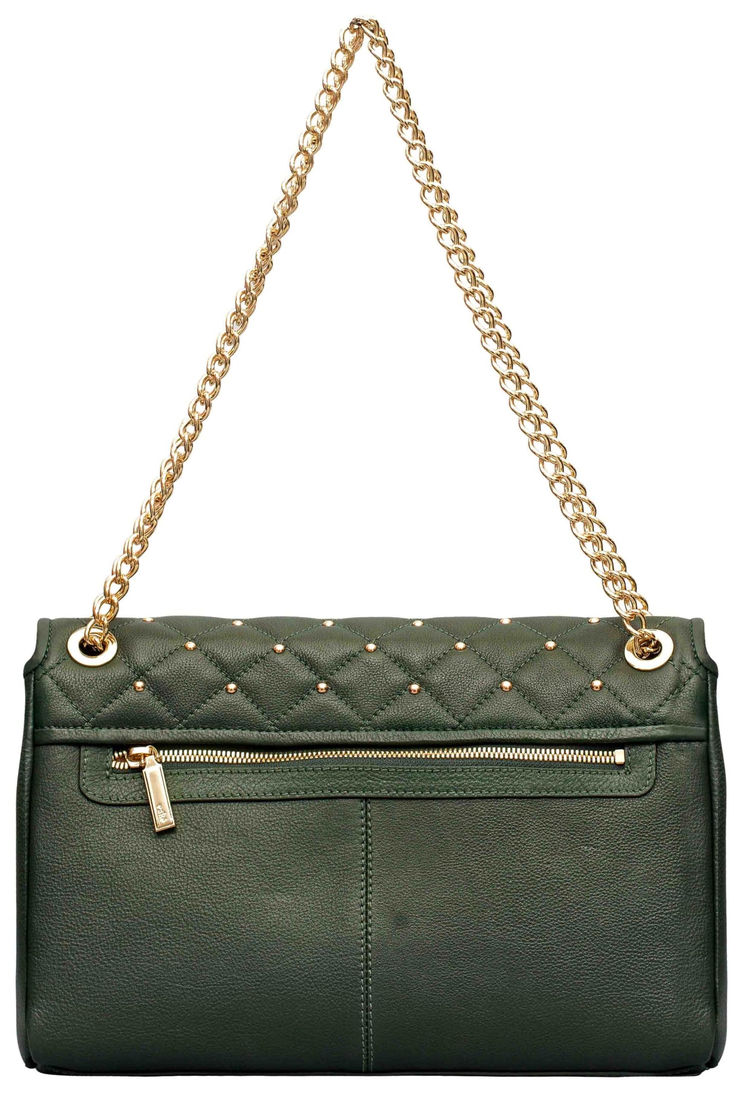 eske Melba, the Shoulder Bag | Quilted Cosmos Leather with Gold Chain Strap | Adjustable Shoulder Carry | 1 Main Compartment | Zip Pocket | 2 Slip Pockets | Hand-Studded Premium Purse (Bottle Green)