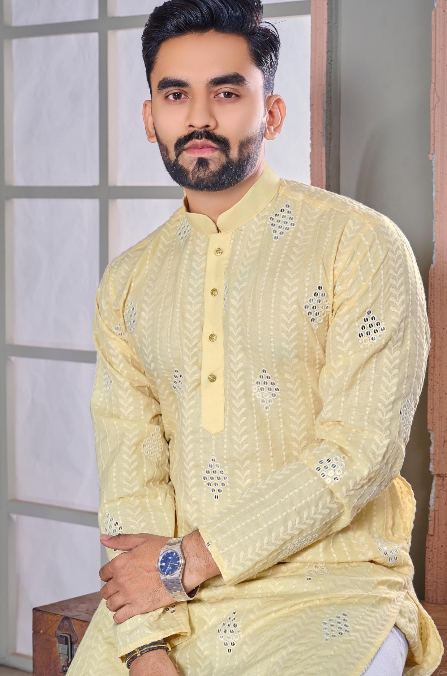 LAZZLY Men's Traditional Cotton Embroidery Mirror for Men Only Kurta (in, Alpha, M, Regular, MCC_Yellow)