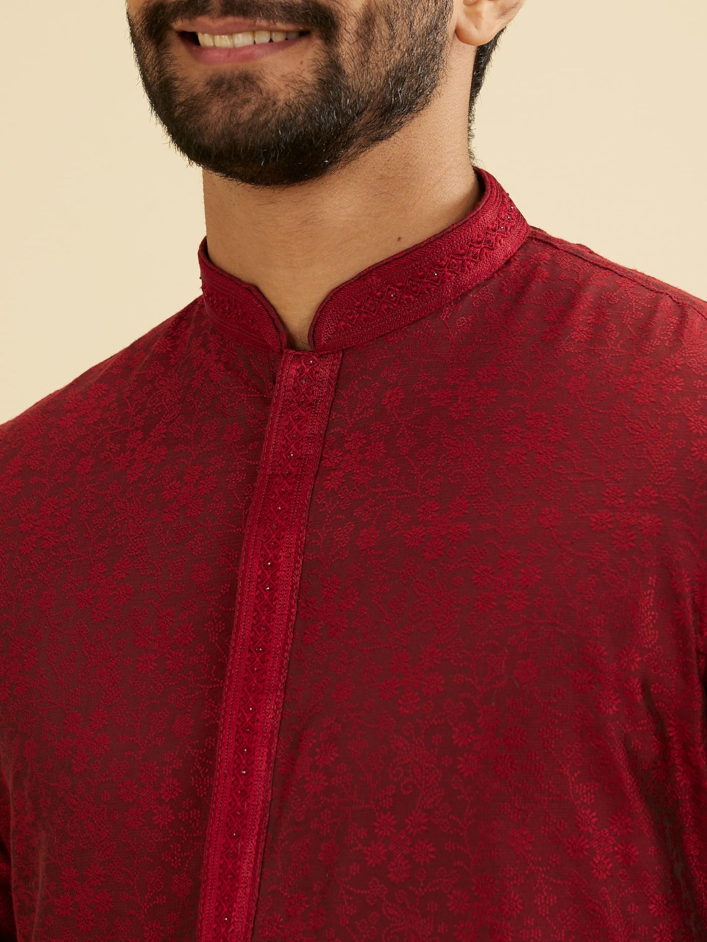 Manyavar Men's Viscose Blend Thread Embroidery Kurta Pyjama Set (Maroon,L)