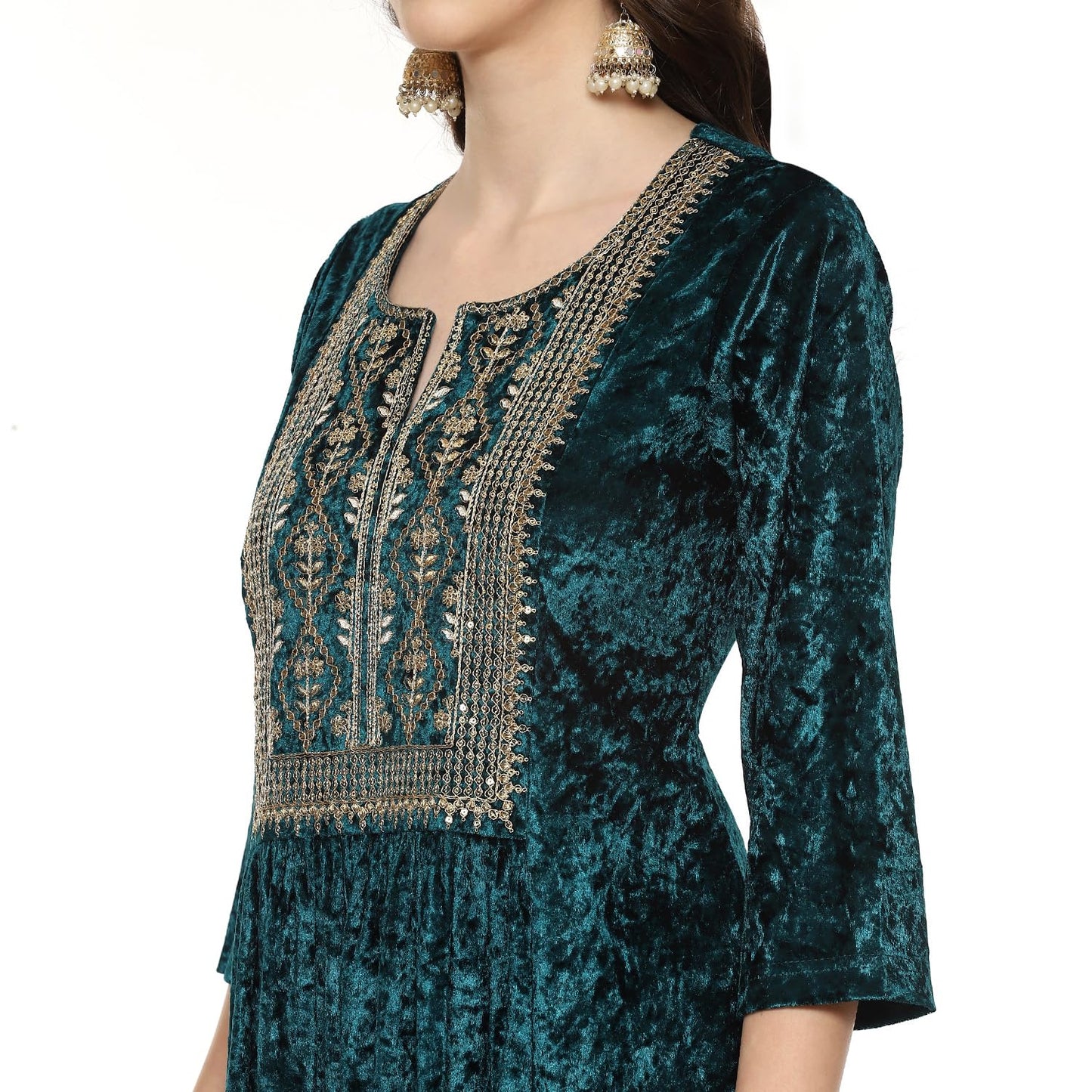 BIBA Women EMBROIDERY STRAIGHT SALWAR KURTA DUPATTA(SKDVELVET E9314_TEAL_42)