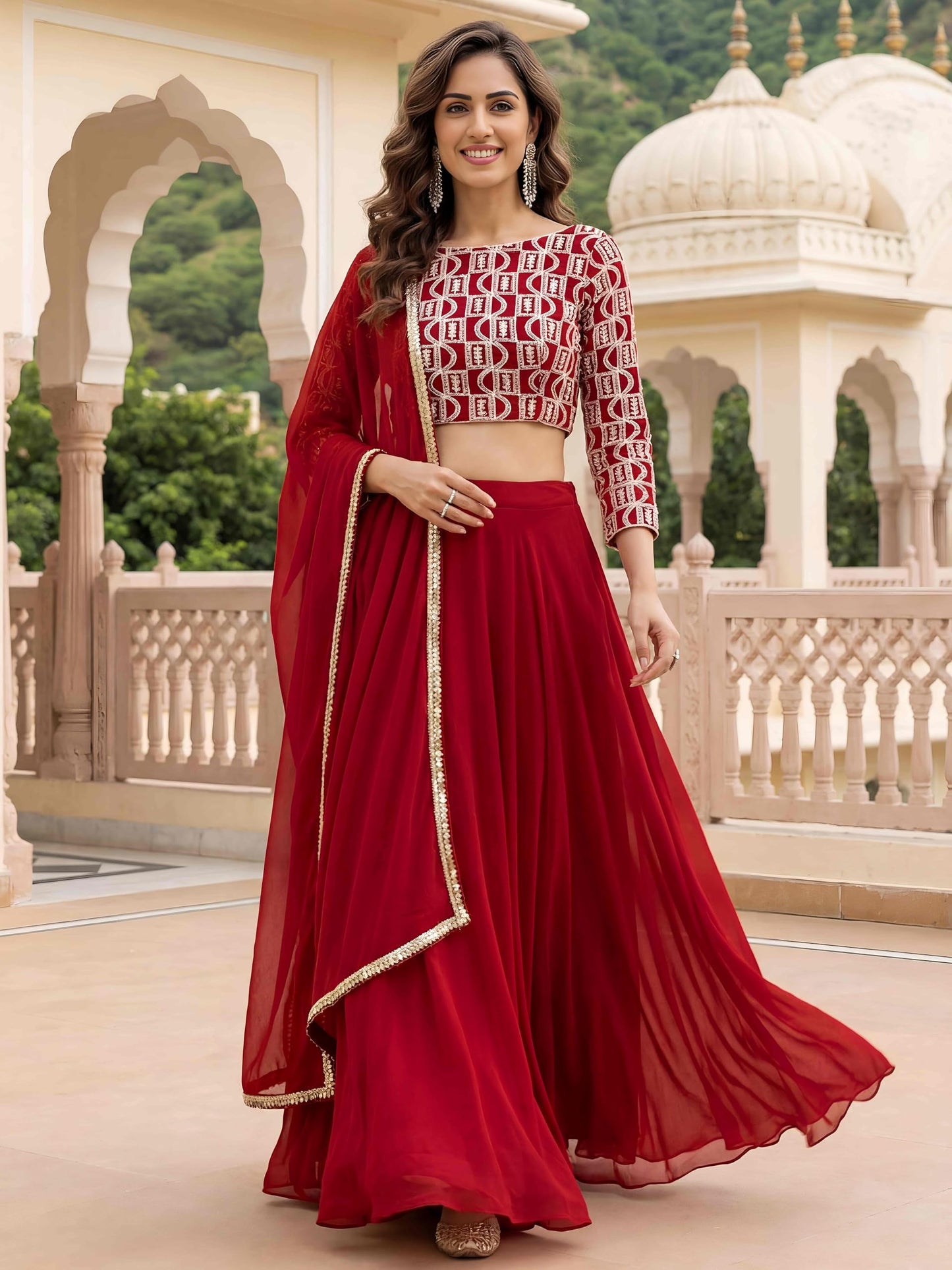 Zeel Clothing Women's Chikankari Sequins Embroidered Georgette Lehenga Choli with Dupatta (5050-Red-Women-New-Lehenga-Choli; Free Size)