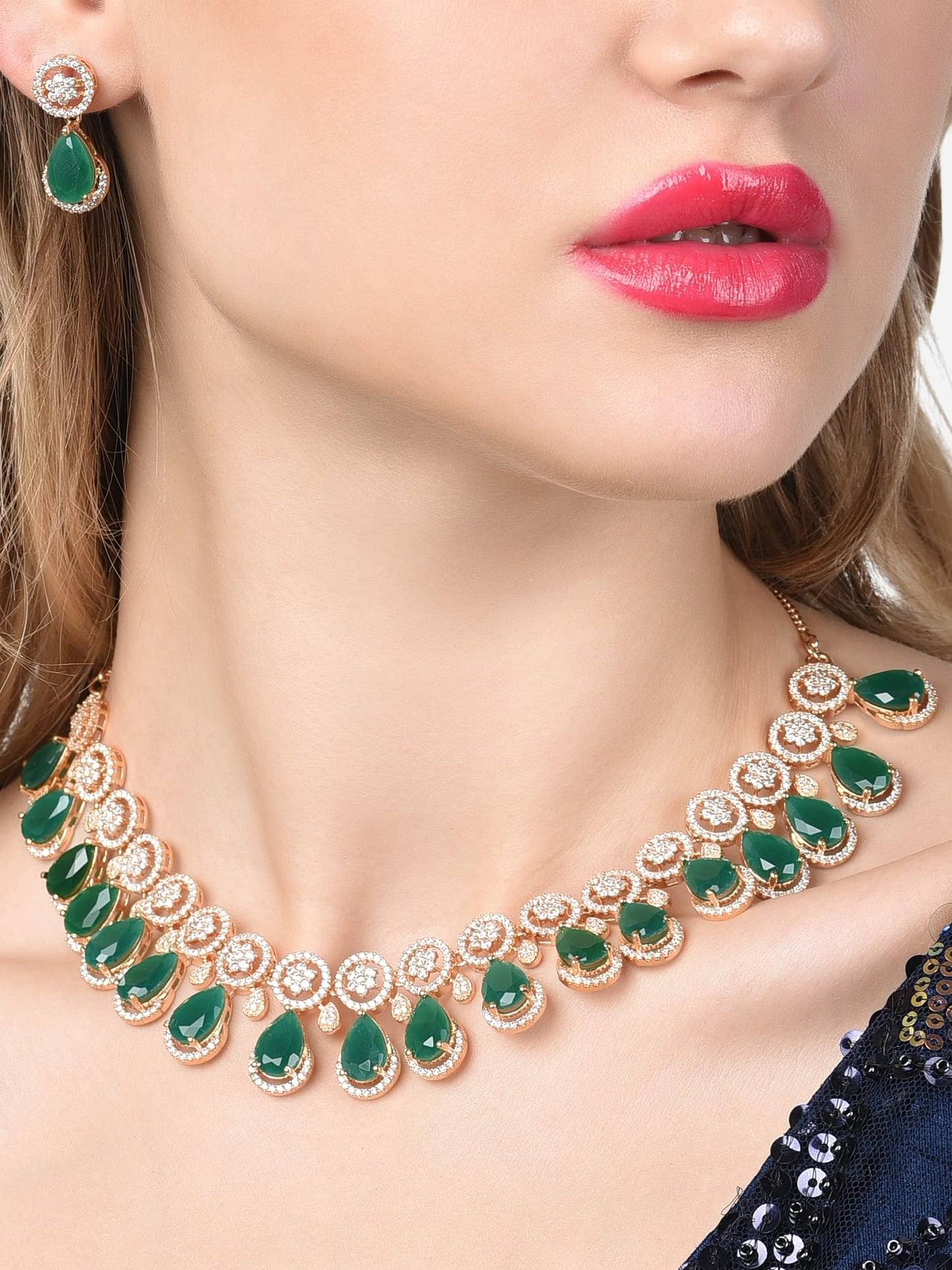 ZAVERI PEARLS Green TearDrop & Dazzling Cubic Zirconia Necklace & Earring Set For Women-ZPFK15299