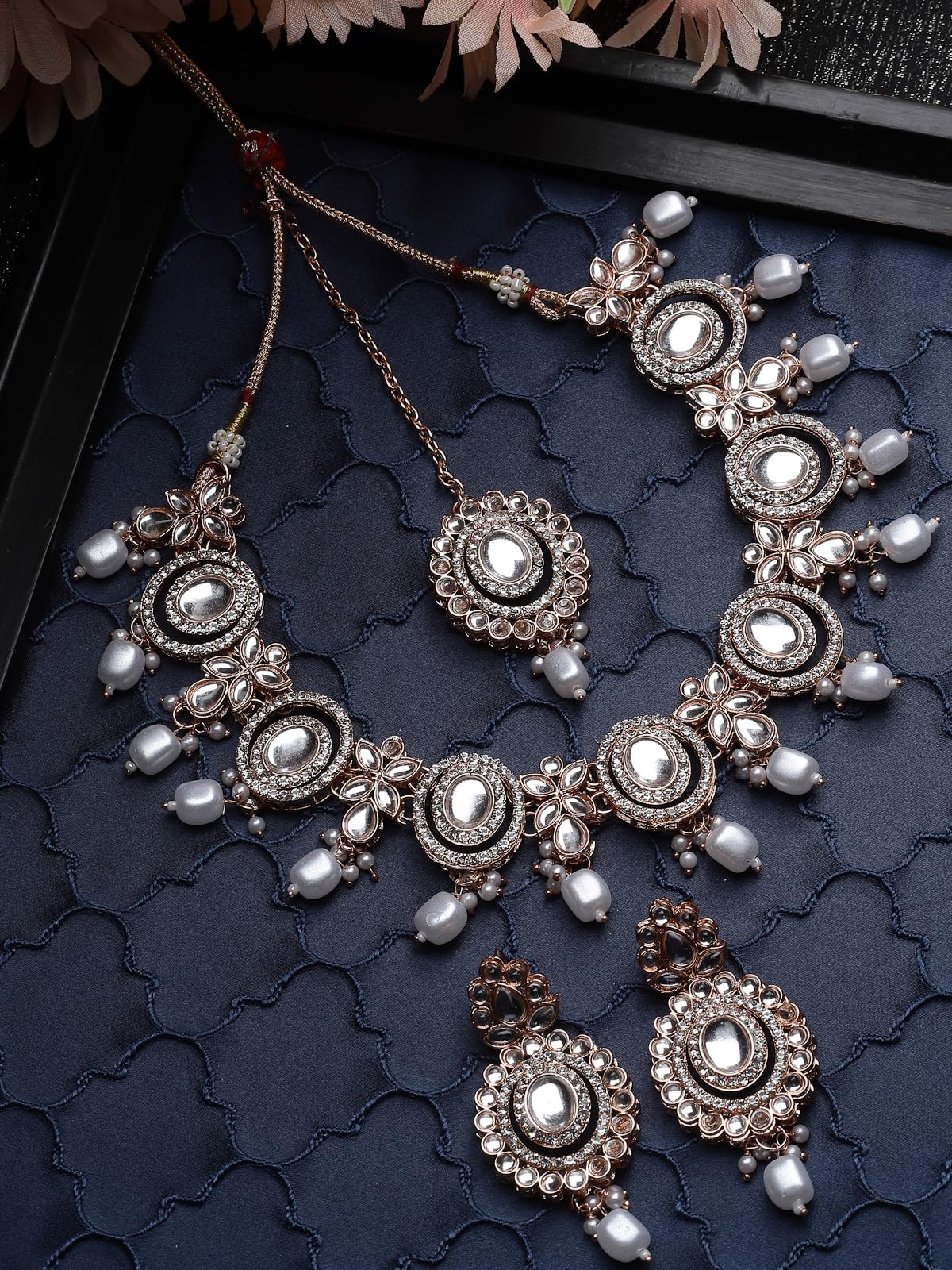 Sukkhi Traditional Gold Plated AD Stone Collar Bone Necklace Set With Earring And Maangtika | Jewellery Set For Women (NS105700)