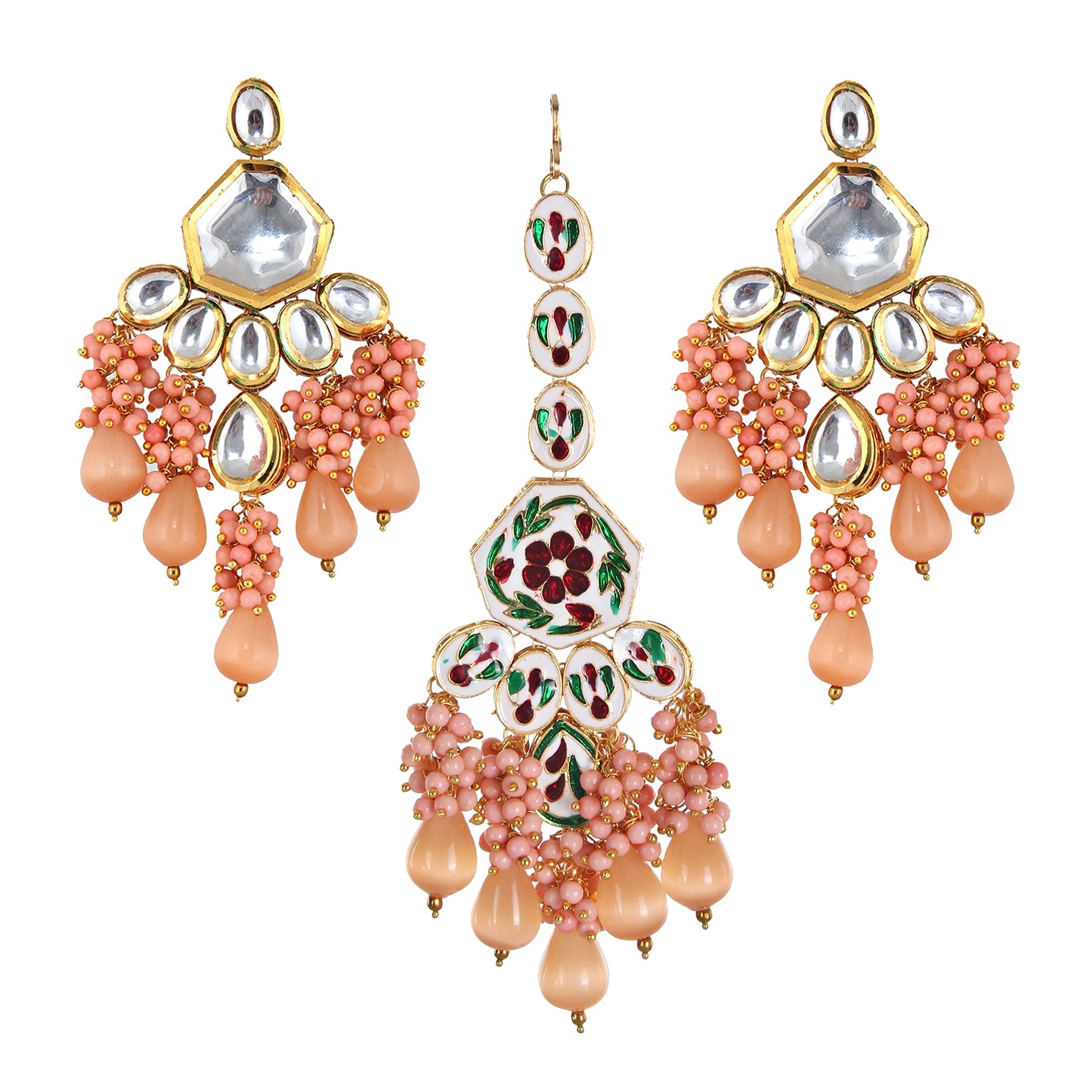 Lucky Jewellery 18K Gold Plated Peach Color Kundan Stone/Uncut Kundan/Dibbi Kundan/Meena Kundan/Lucknow Kundan with Monalisa Drop Bridal Set for Girls & Women (5910-M4SK-1574-PH)