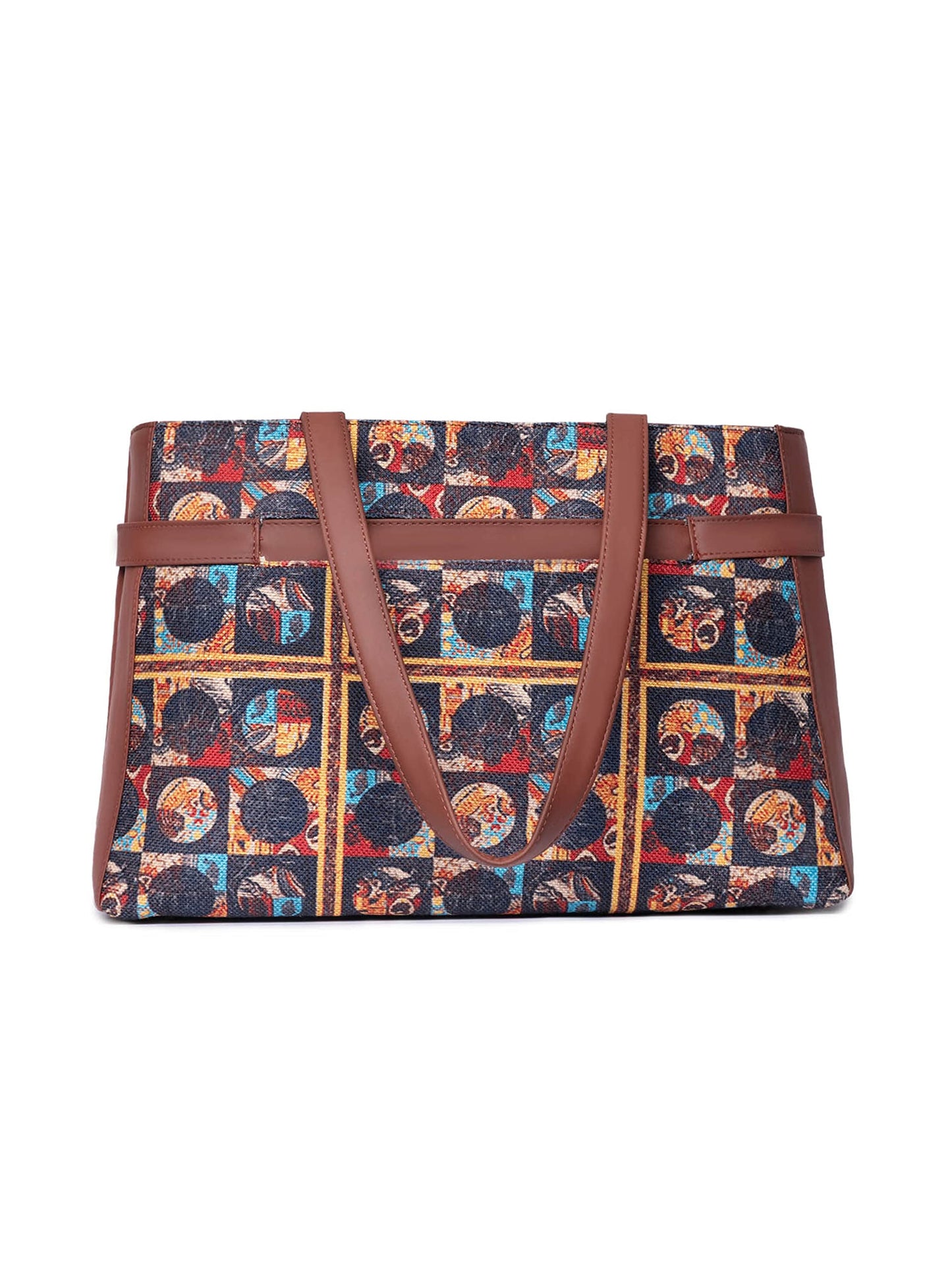 ZOUK African Art Abstract Printed Women's Jute Handcrafted Vegan Leather Multicolor Statement Office Shoulder Bag