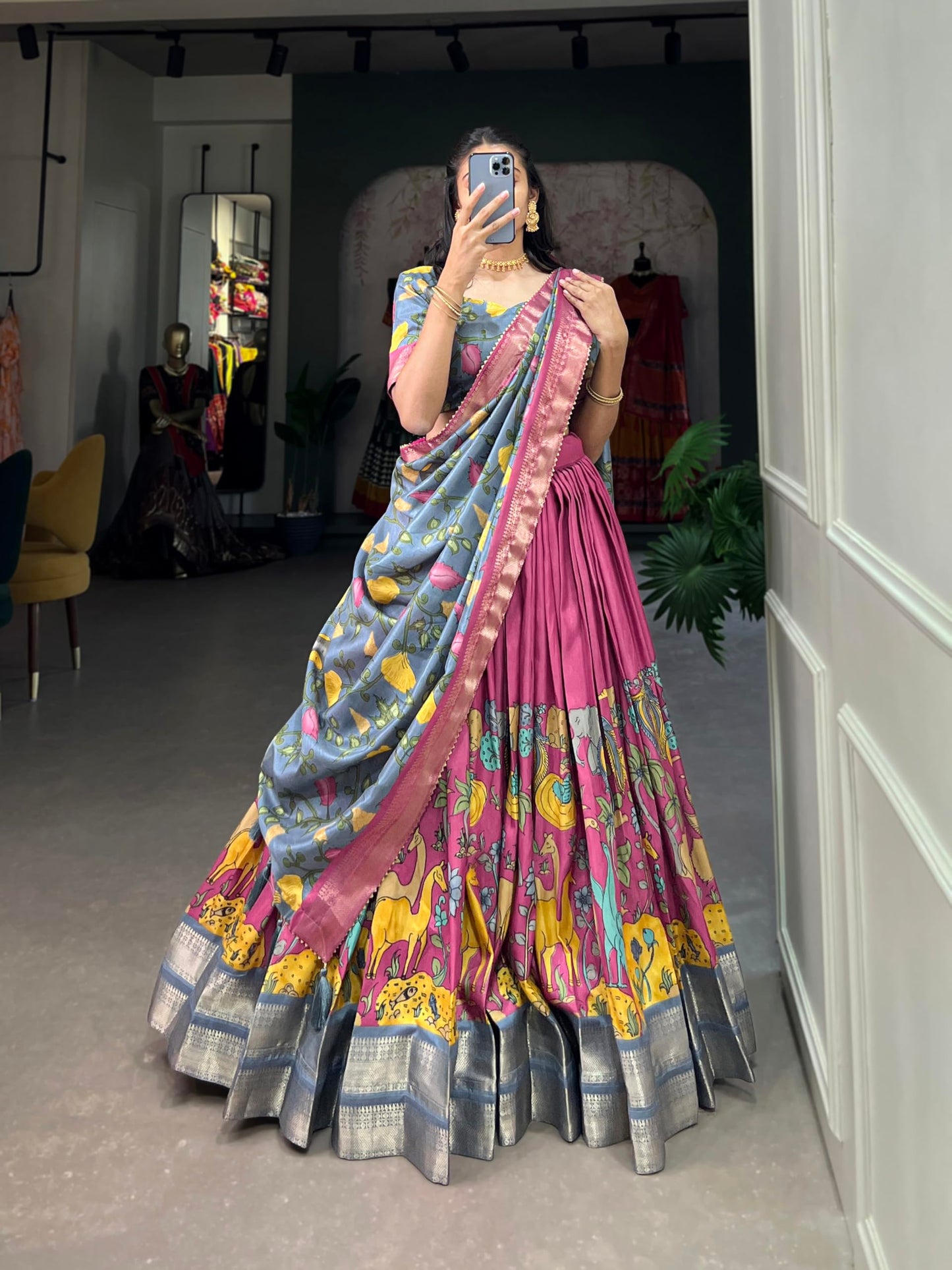Snazzy Stitch Women's Floral & Patola Print With Foil Work Tussar Silk Ethnic wear Tassels and Zip Closuer Readymade Lehenga Choli With Dupatta (PINK)