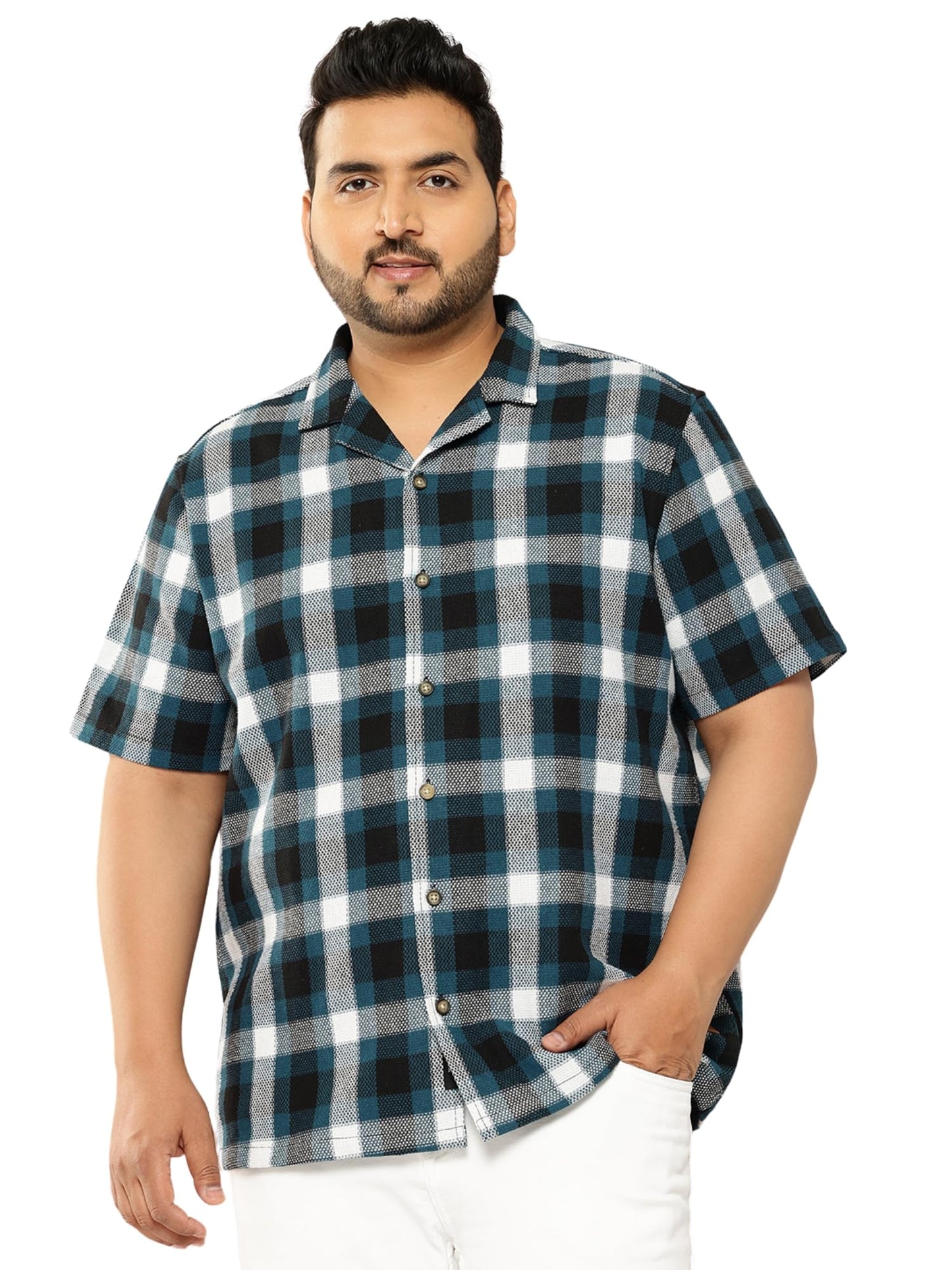 Thomas Scott Men | Short Sleeves | Regular Fit Plus Size | Windowpane Checks | 100% Cotton | Cuban Collar | Casual Shirt(TS1729_Teal_6XL)