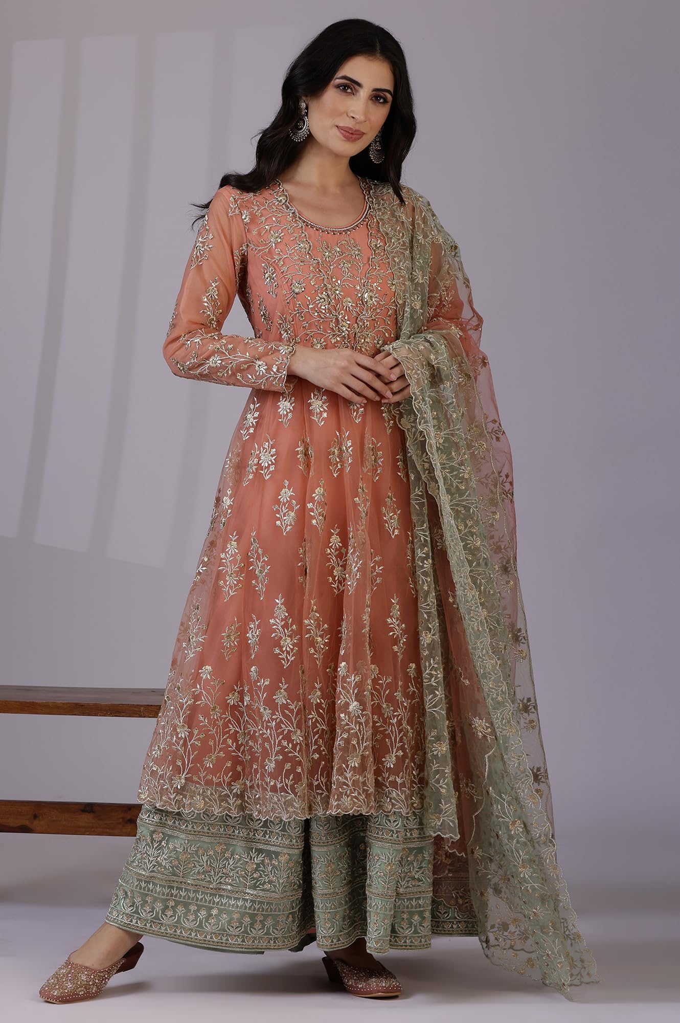W for Woman Peach and Green Ombre Heavy Metallic Embroidered Layered Dress and Dupatta Set (Size: XS)-24AUSP11987-400734