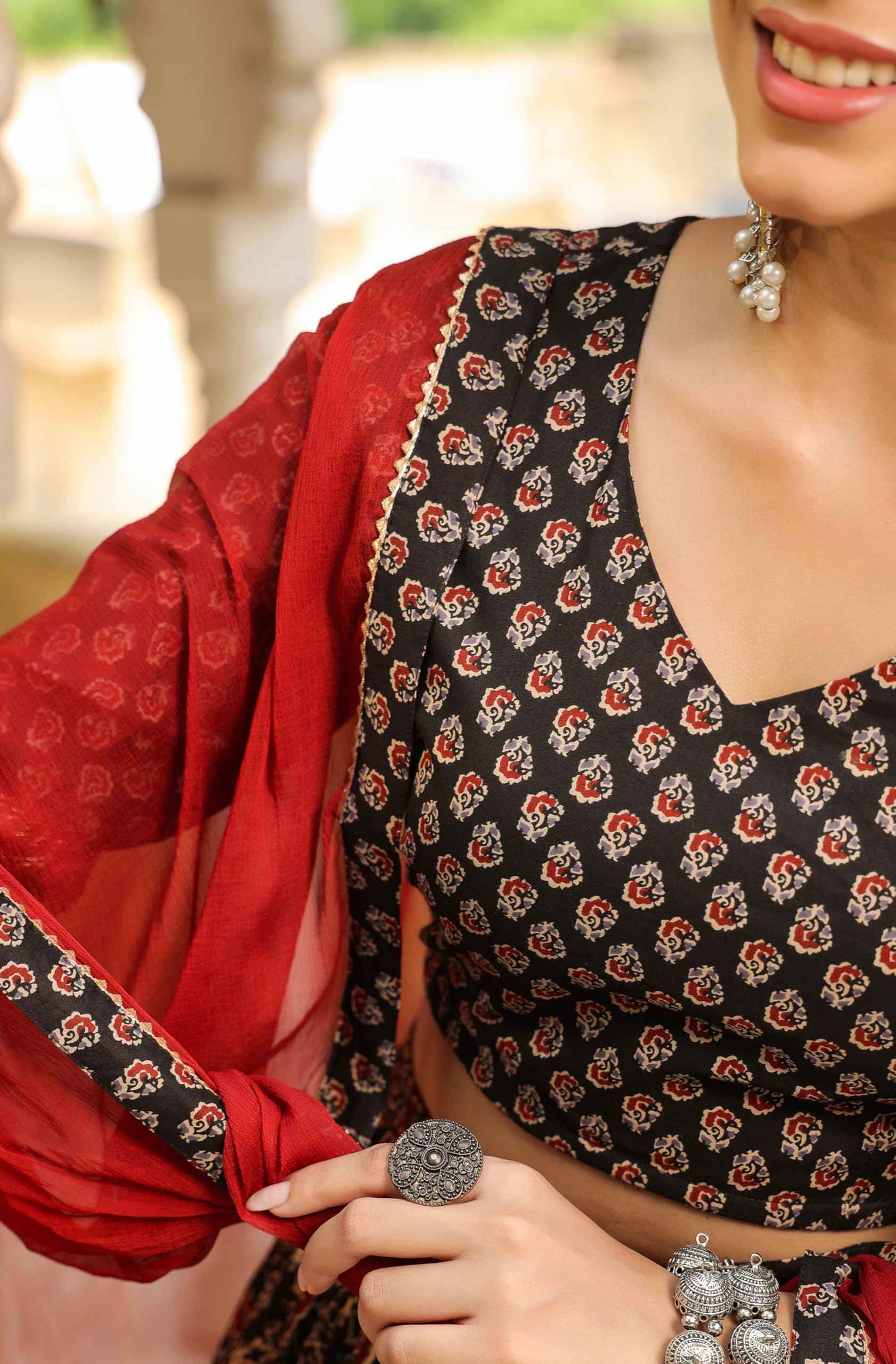 Janasya Women's Black & Maroon Pure Cotton Ethnic Motifs Printed Tiered Ready To Wear Lehenga Choli Set (JAB24LC00799-A-L)