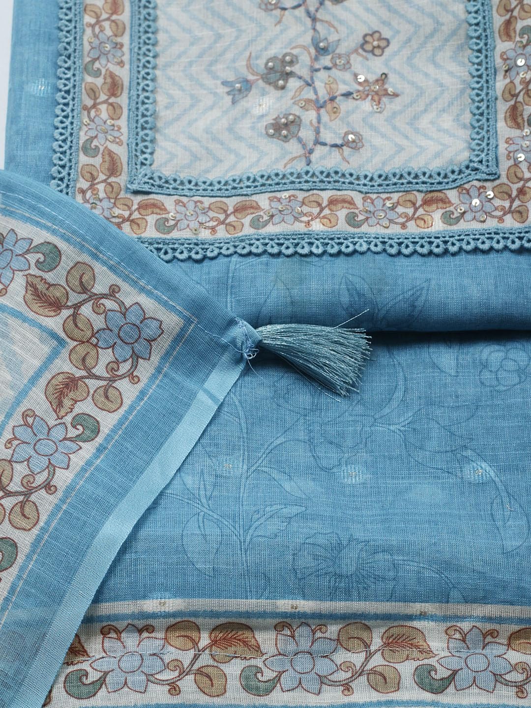 Meena Bazaar Printed Cotton Blend Blue Unstitched Kurta with Bottom & Dupatta