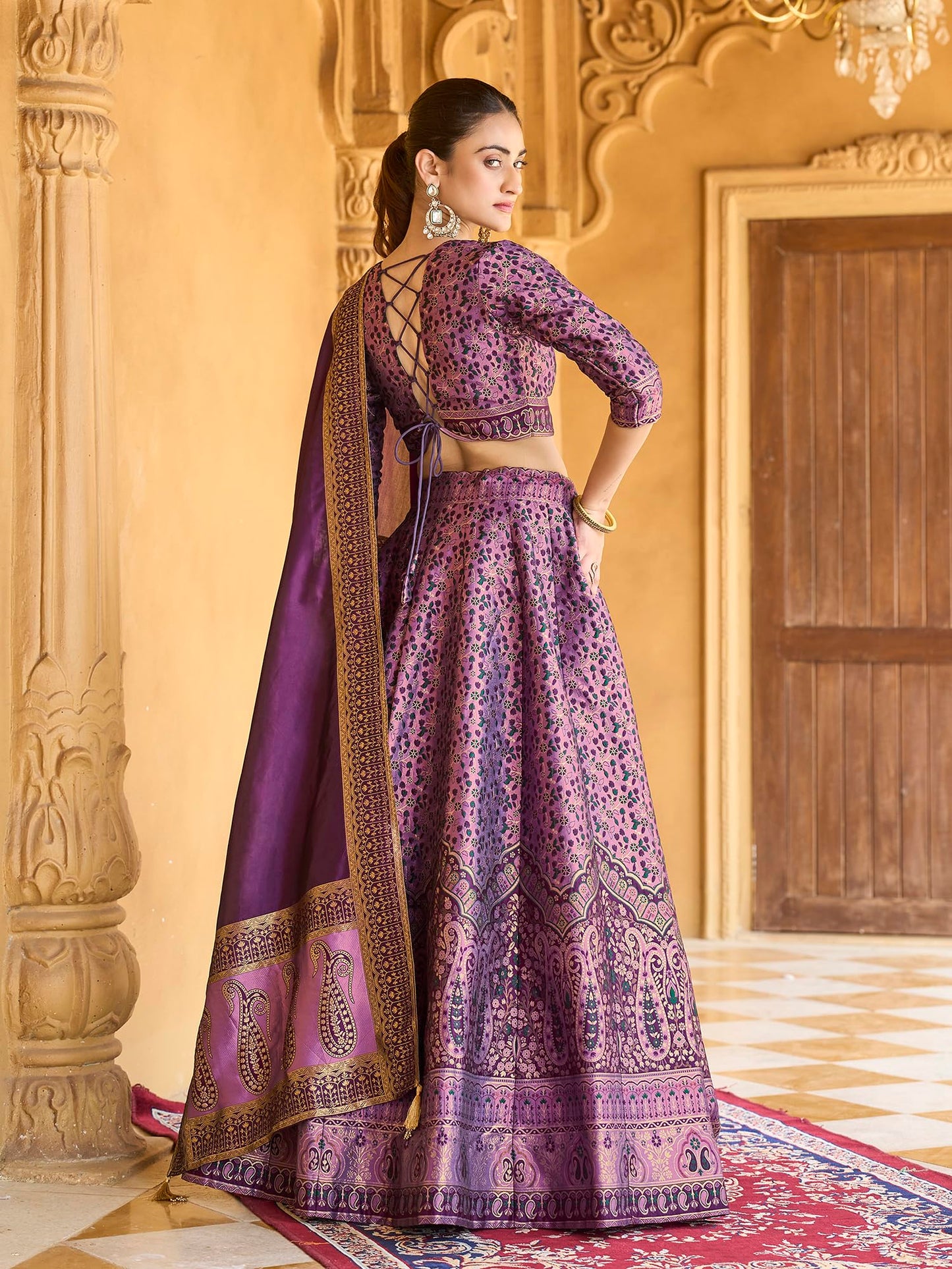 PURVAJA Women's Kanjiwaram Semi-Stitched Lehenga choli (Nadira-Purple_Free Size)