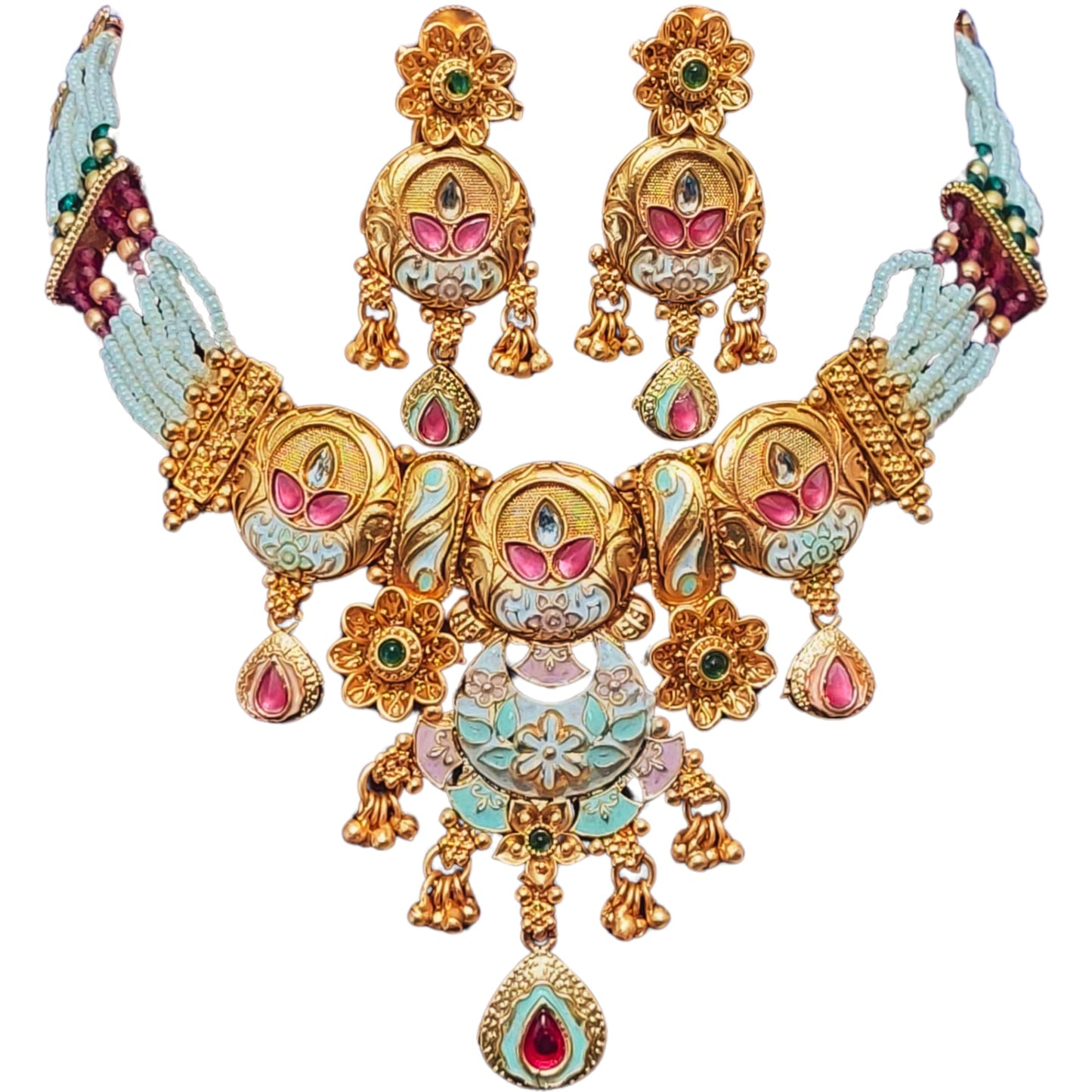 Achyut The Infalliable Women's Rajwadi Gold Plated Chik Necklace Set with Earrings - Rajwadi Floral Design Chokor Motimala Jewellery for Girls pink and green