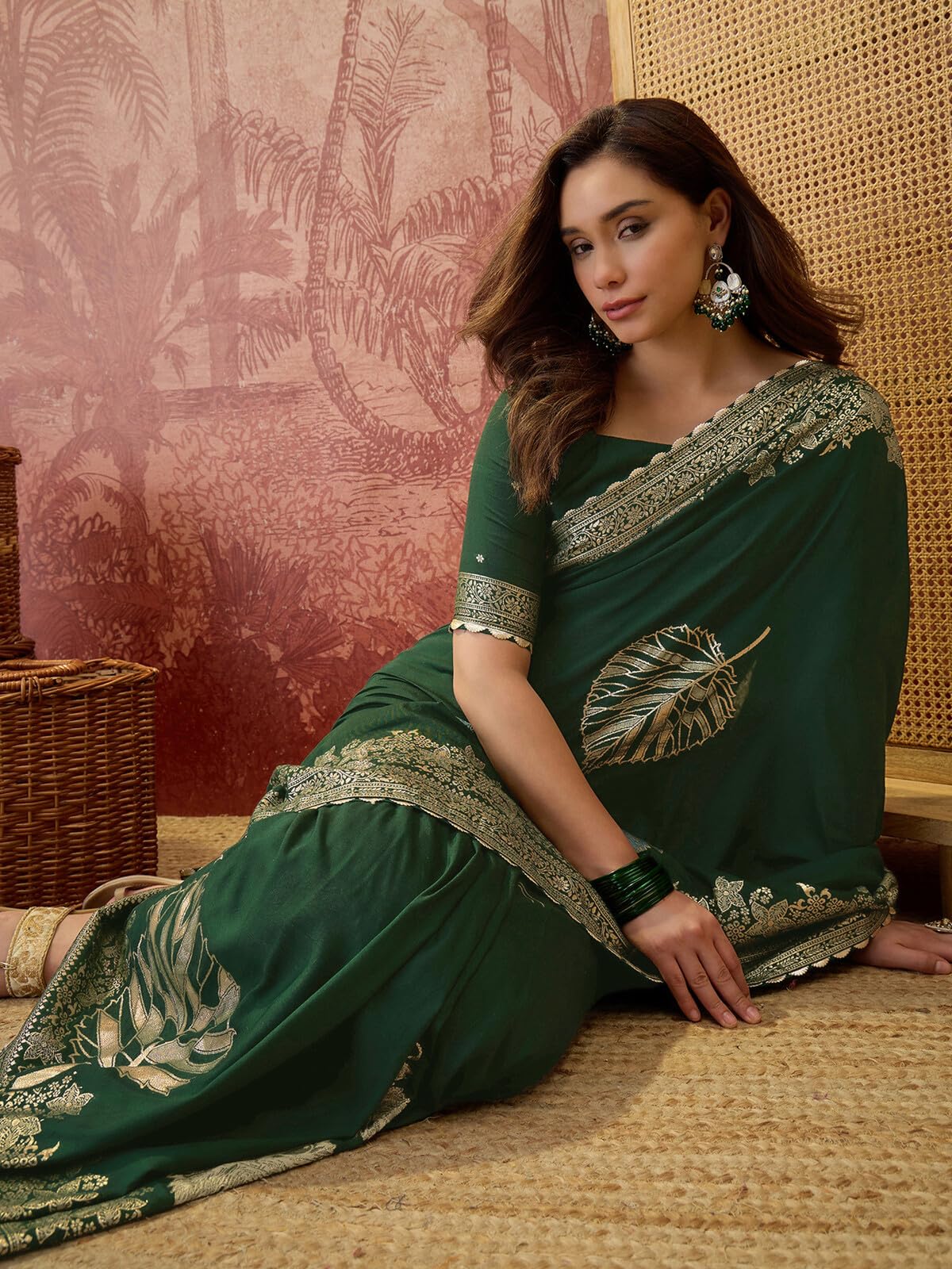 SIRIL Women's Silk Zari Jacquard Saree with Unstitched Blouse Piece (5314S102_Dark Green)