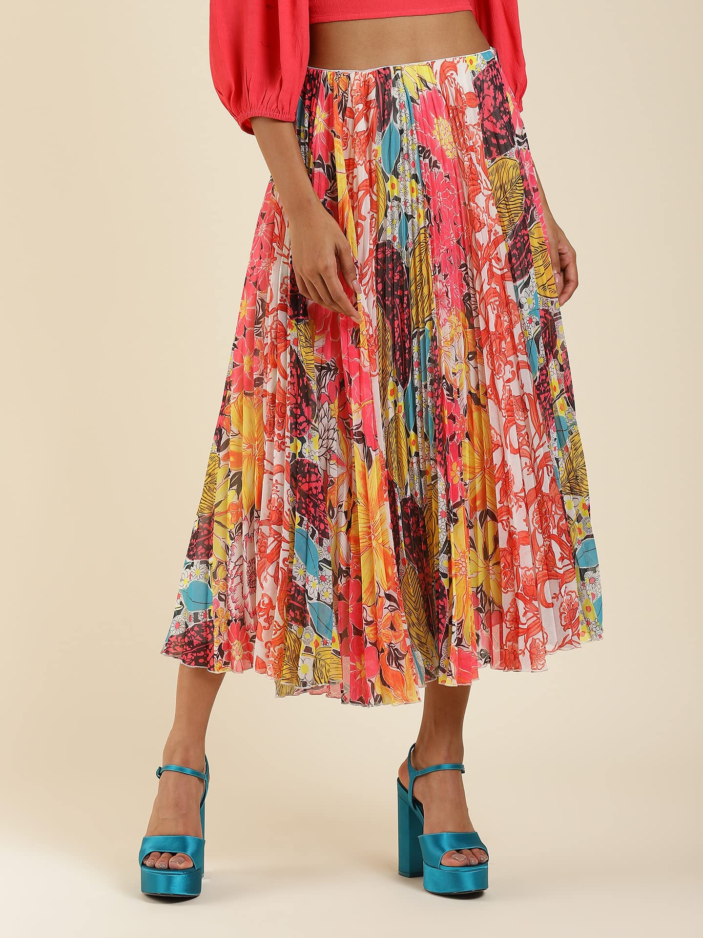Label RITU KUMAR Multi Color Floral Print Pleated Skirt