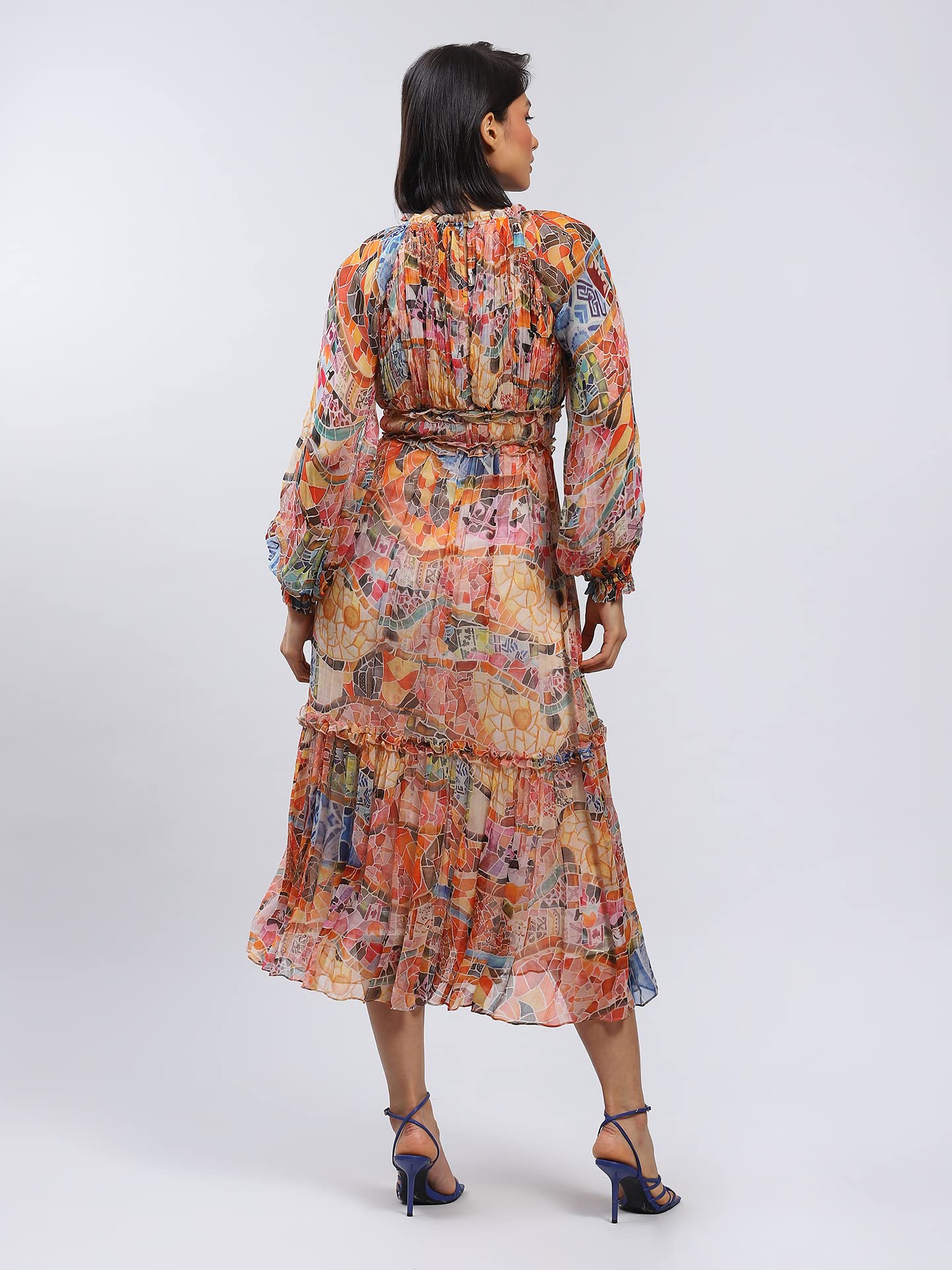 Label RITU KUMAR Round Neck Full Sleeves Long Dress Multicolour