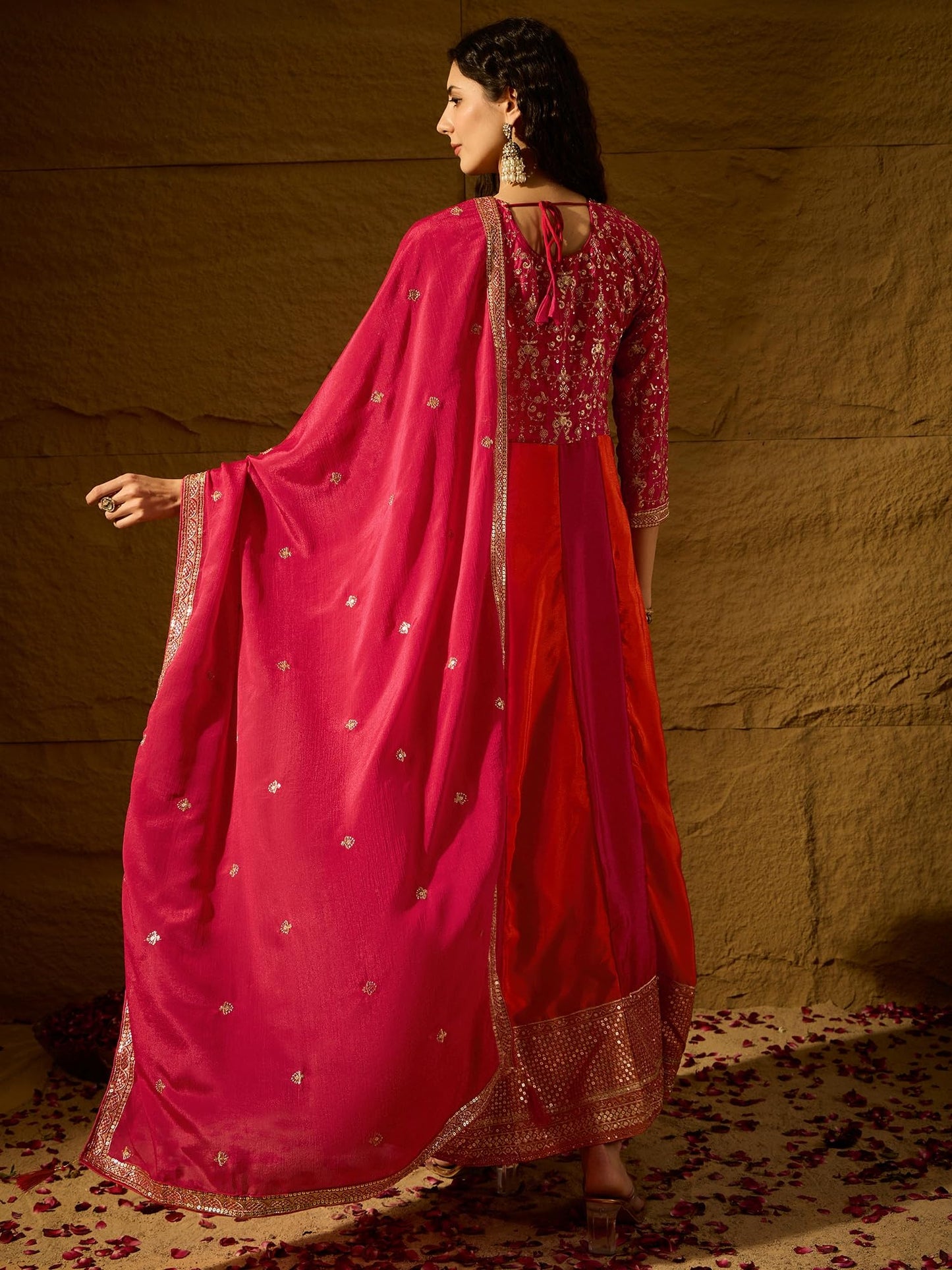 Miss Ethnik Women's Pink Chinon Stitched Gown With Dupatta 3/4 Sleeve Embroidered Anarkali Gown (MEY-1231-Pink-L)