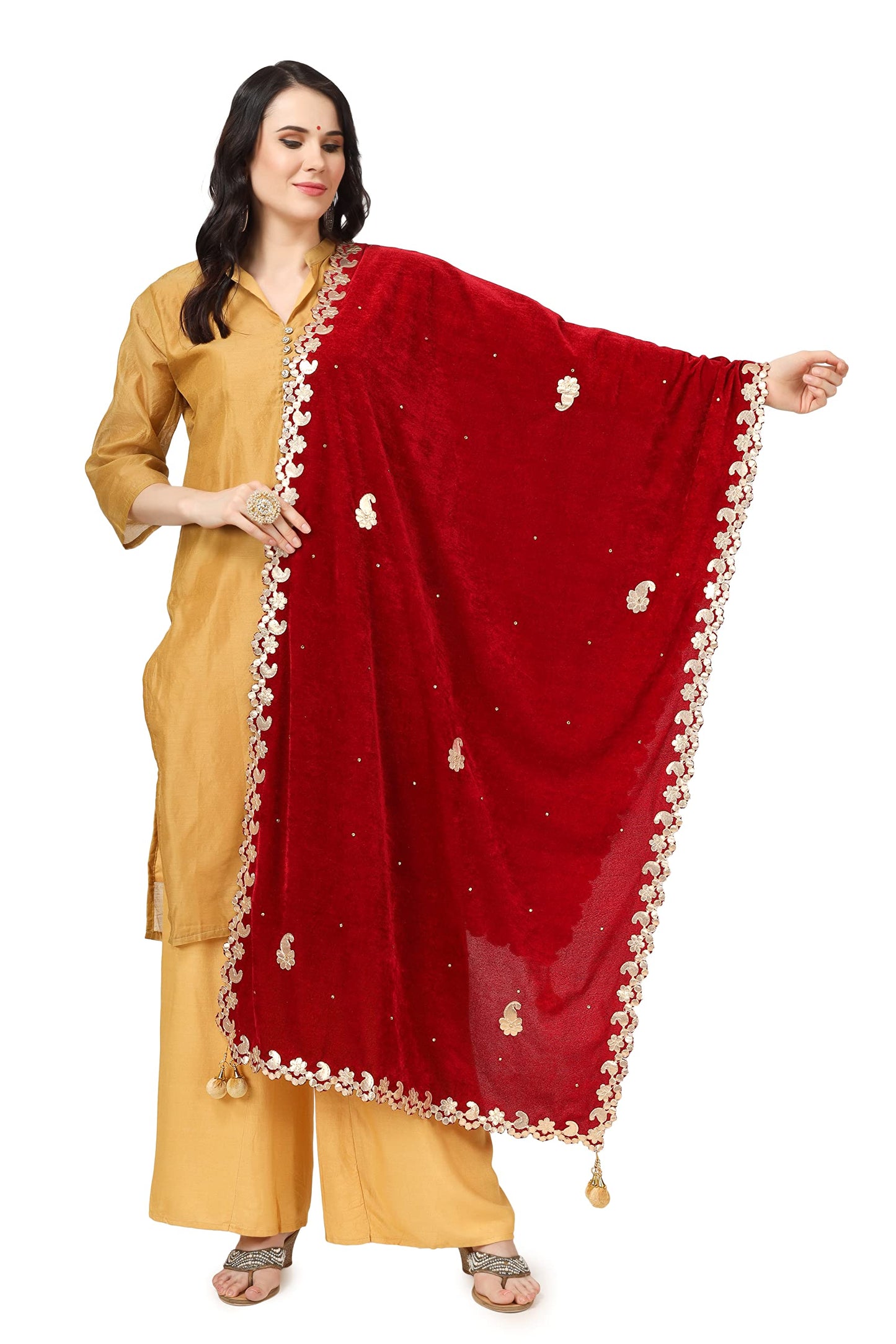 A R Silk Women's Maroon Velvet Stone Work & Four Side Gotta Patti Work With Gotta Patti Lace Fancy Dupatta(ARS0746)