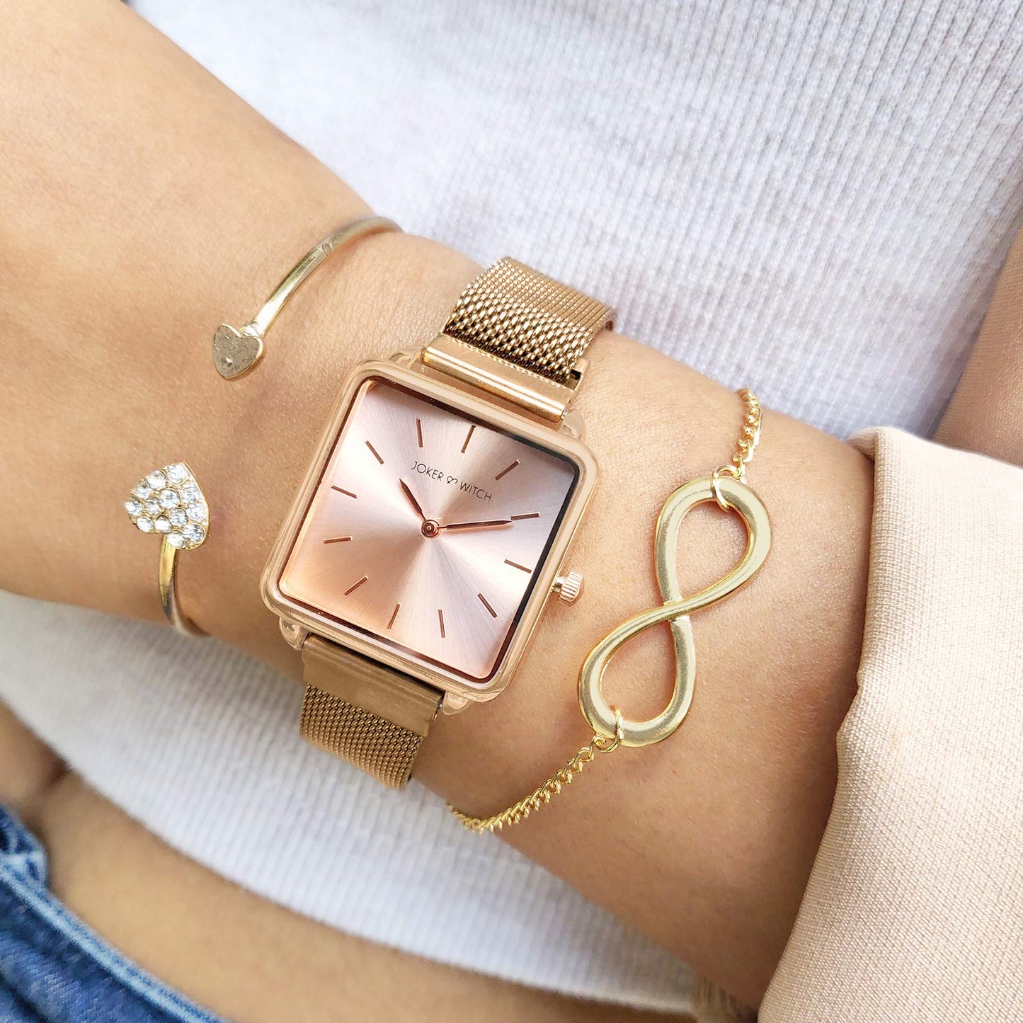 Joker & Witch Stainless Steel Sunshine Rosegold Analog Watch Bracelet Set For Women, Rose Gold Dial, Rose Gold Band
