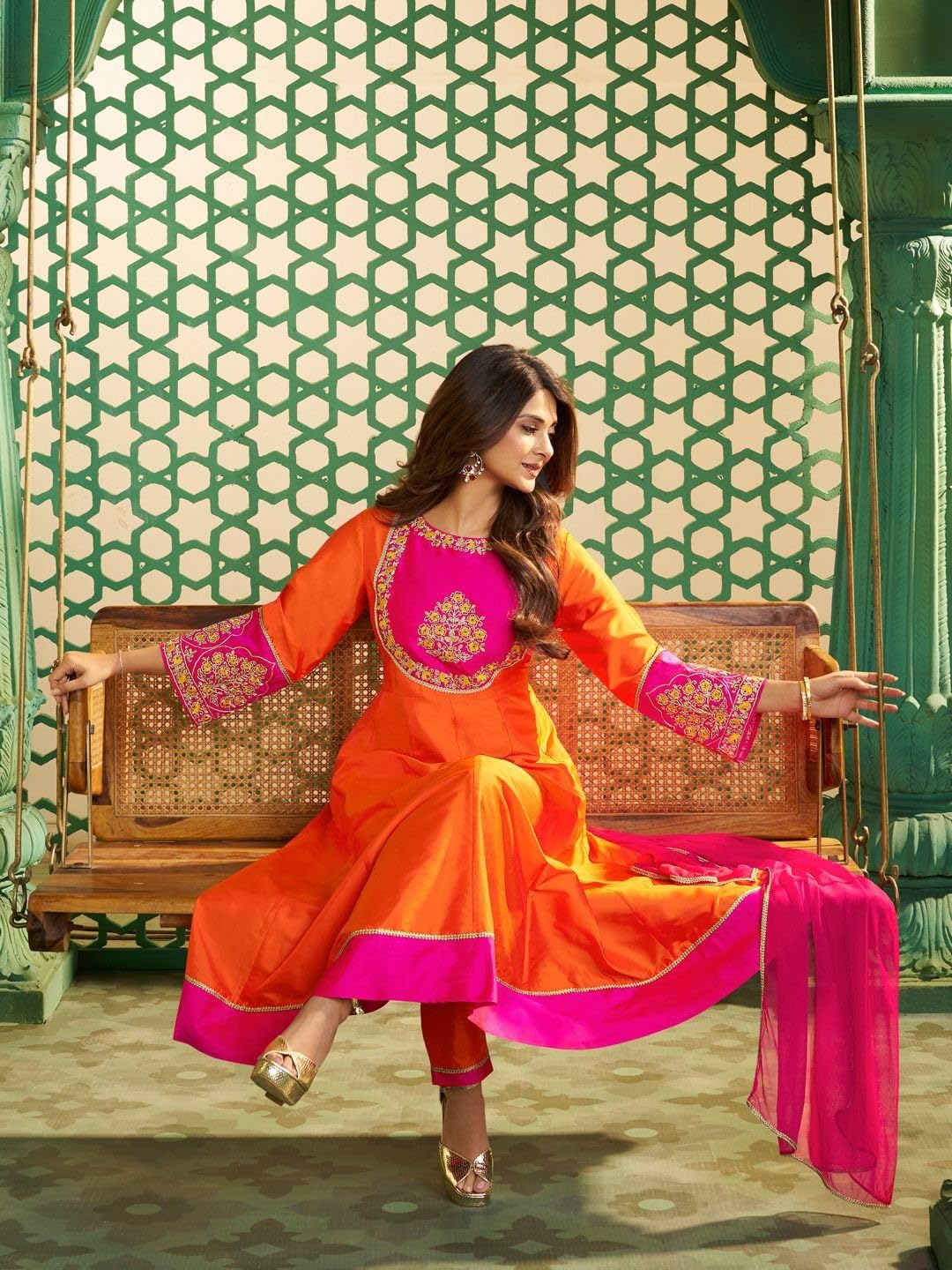 VARNI FABRICS: A lady's First Love Women's Orange & Pink Chanderi Cotton Anarkali Kurta Set With Embroidered Yoke, Dupatta, Ethnic Wear (IN, Alpha, XL, Regular)