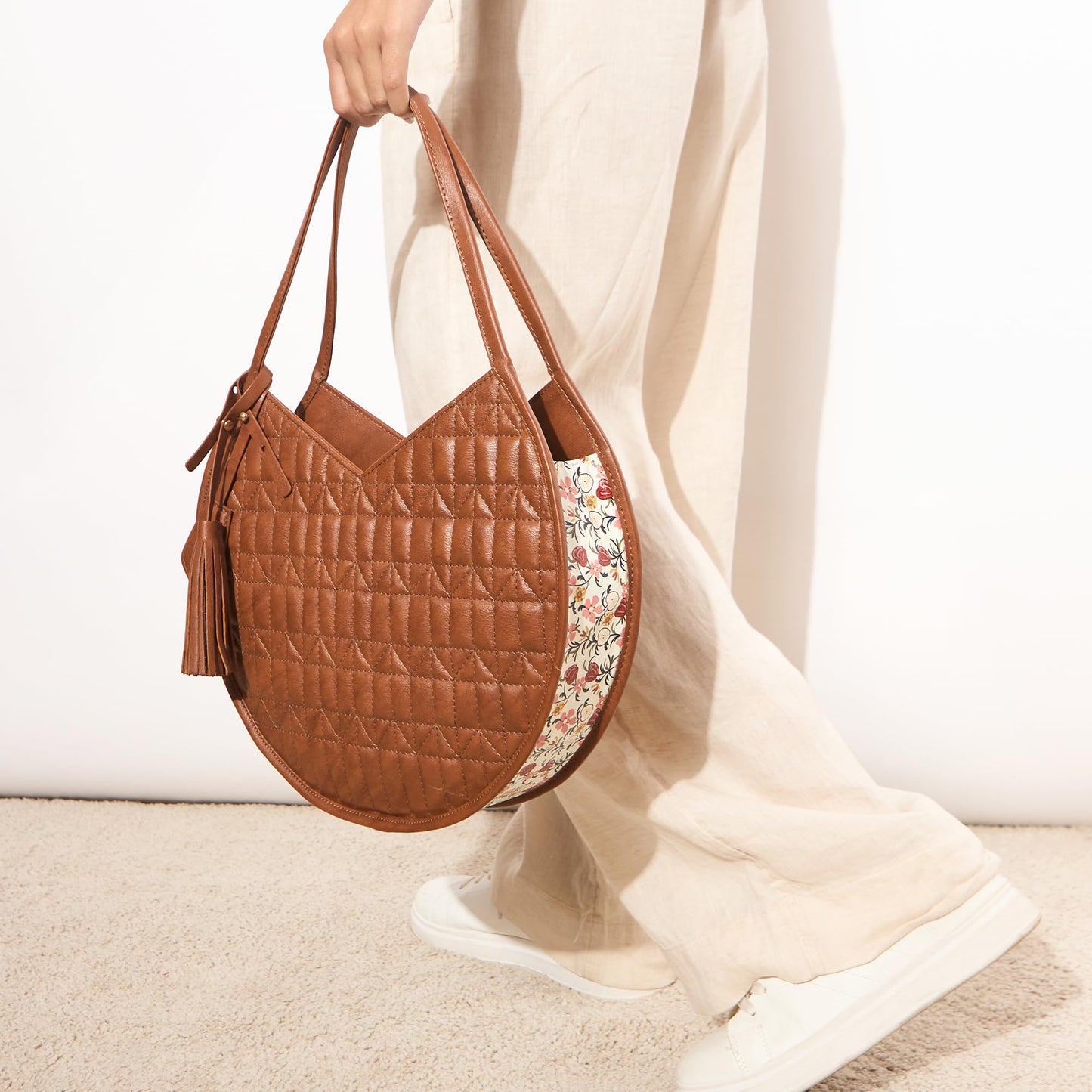 Chumbak Amalfi Tote Bag, 5.5L, Tan, PU Outer with Polyester Lining, Spacious Shoulder Bag with Kashmiri Motif, Kashmir Trails Collection