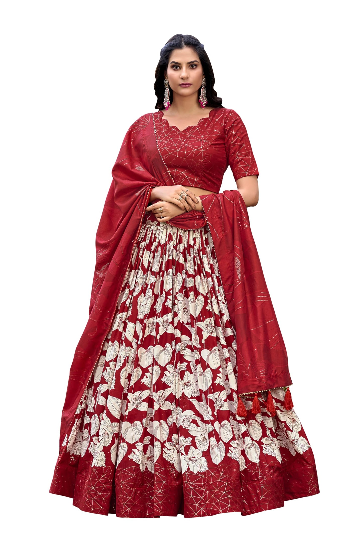 LooknBook Art Women's Tussar Silk With Floral Print Chaniya Choli (Red)