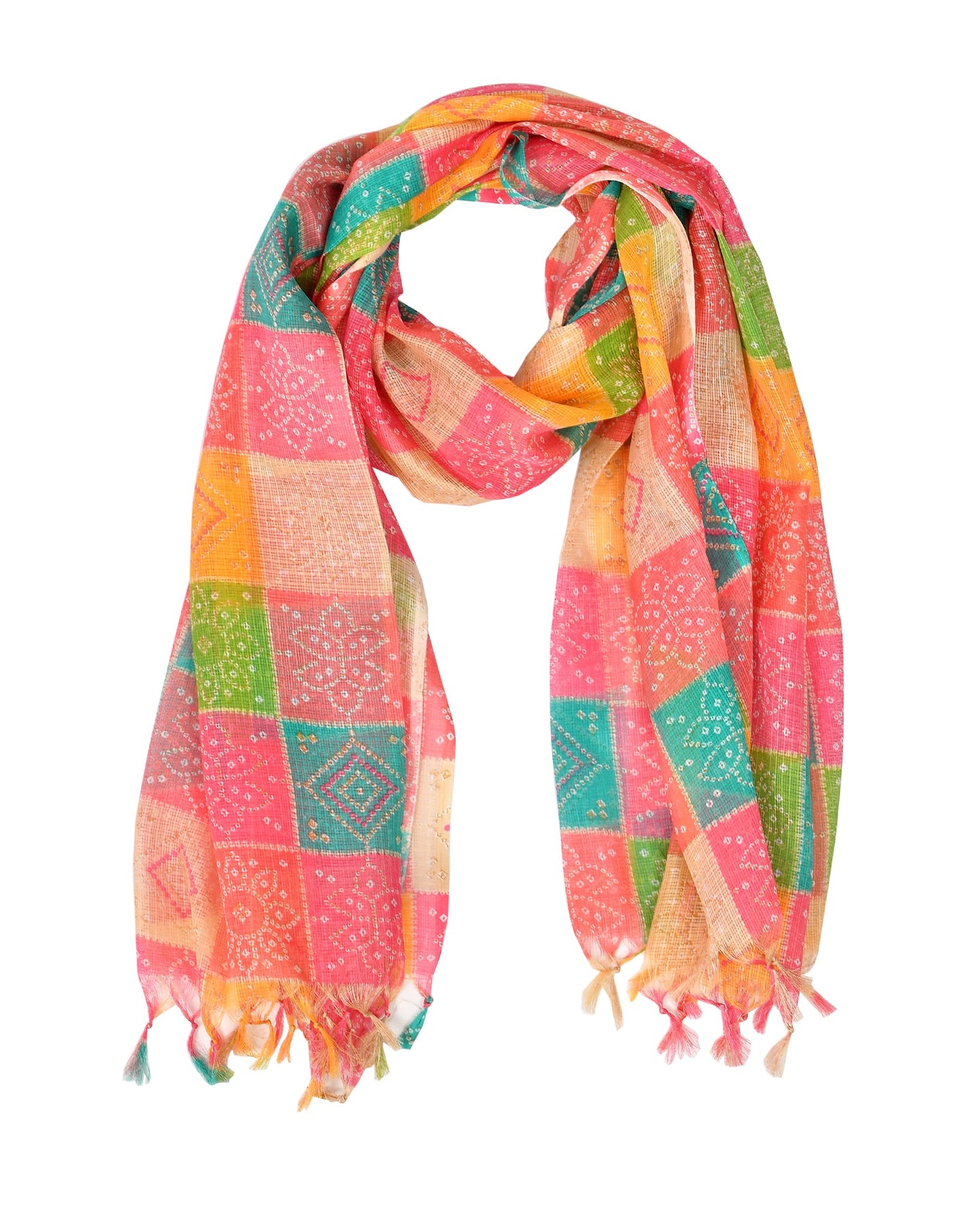 POISED Rajasthani Multicoloured Kota Doria Cotton Dupatta For Women's| Bandhani Pattern Designer Chunni With Tassels On Sides| Perfect For Festivals| (Pink), Free Size