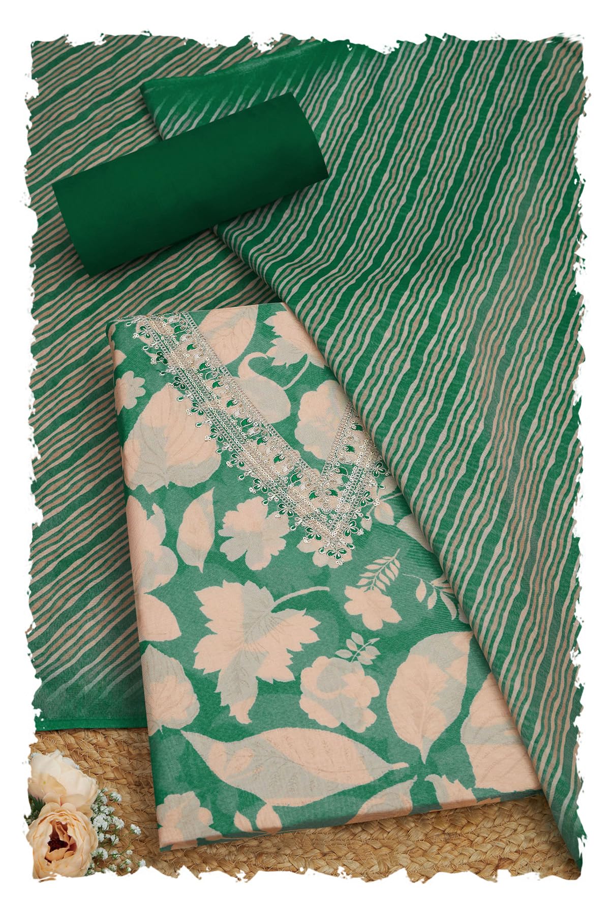 Soch Womens Green Tissue Shimmer Botanical Print Unstitched Dress Material With Sequins