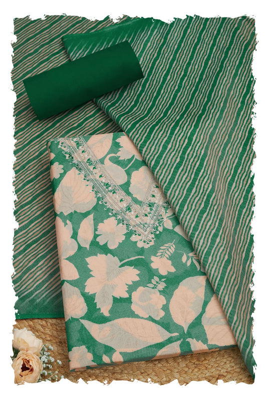 Soch Womens Green Tissue Shimmer Botanical Print Unstitched Dress Material With Sequins